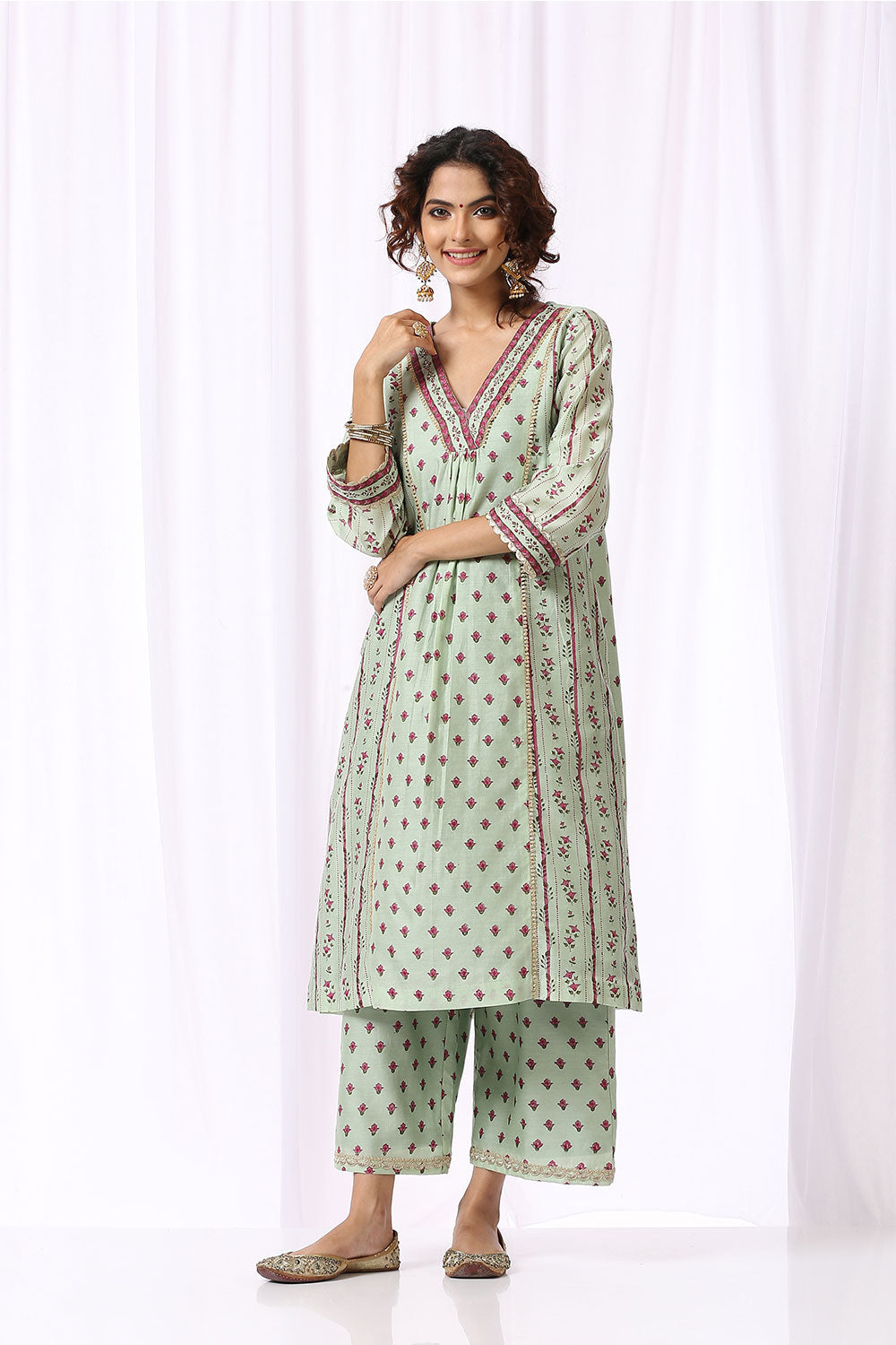 GREEN BASE CHANDERI HAND BLOCK PRINTED 'V' NECK KURTA SET OF -2