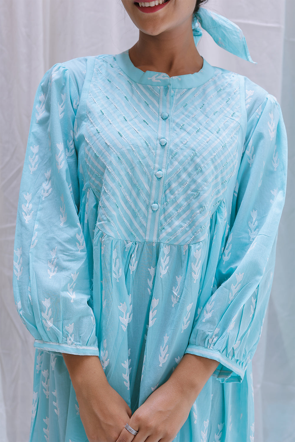 LIGHT BLUE ROUND YOK DRESS