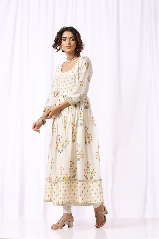 WHITE BASE CHANDERI HAND BLOCK PRINTED ANARKALI SUIT SET OF -2