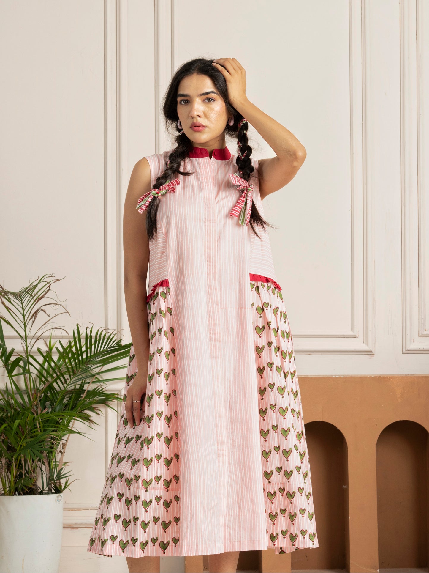 Pink Heart Panelled Hand Block Printed Dress