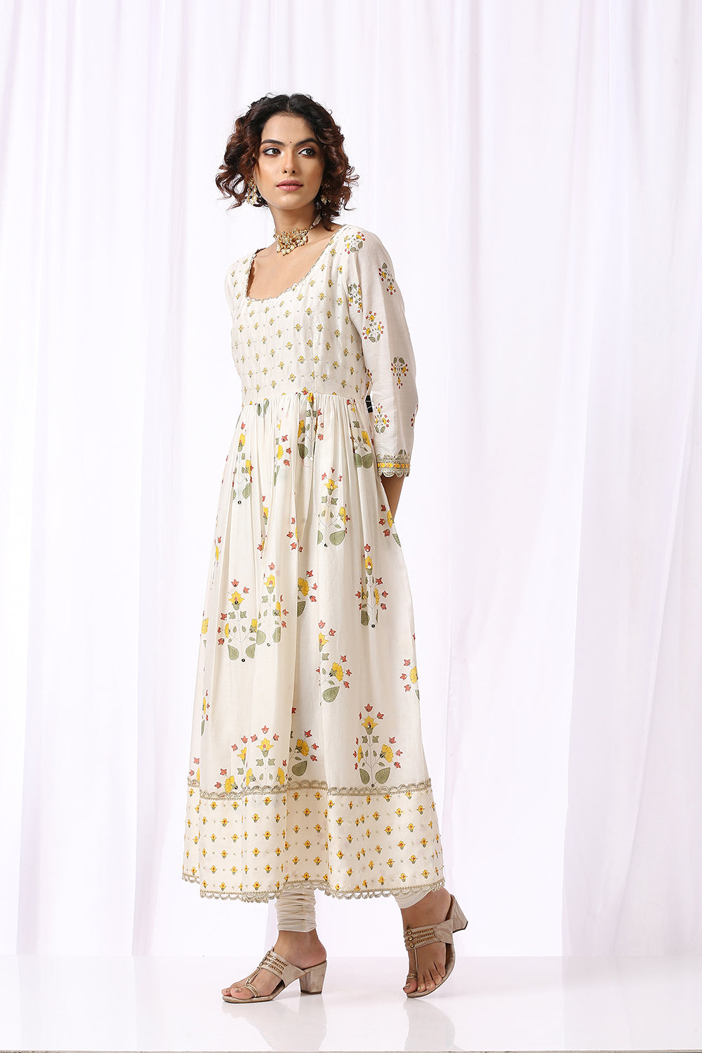 WHITE BASE CHANDERI HAND BLOCK PRINTED ANARKALI SUIT SET OF -2