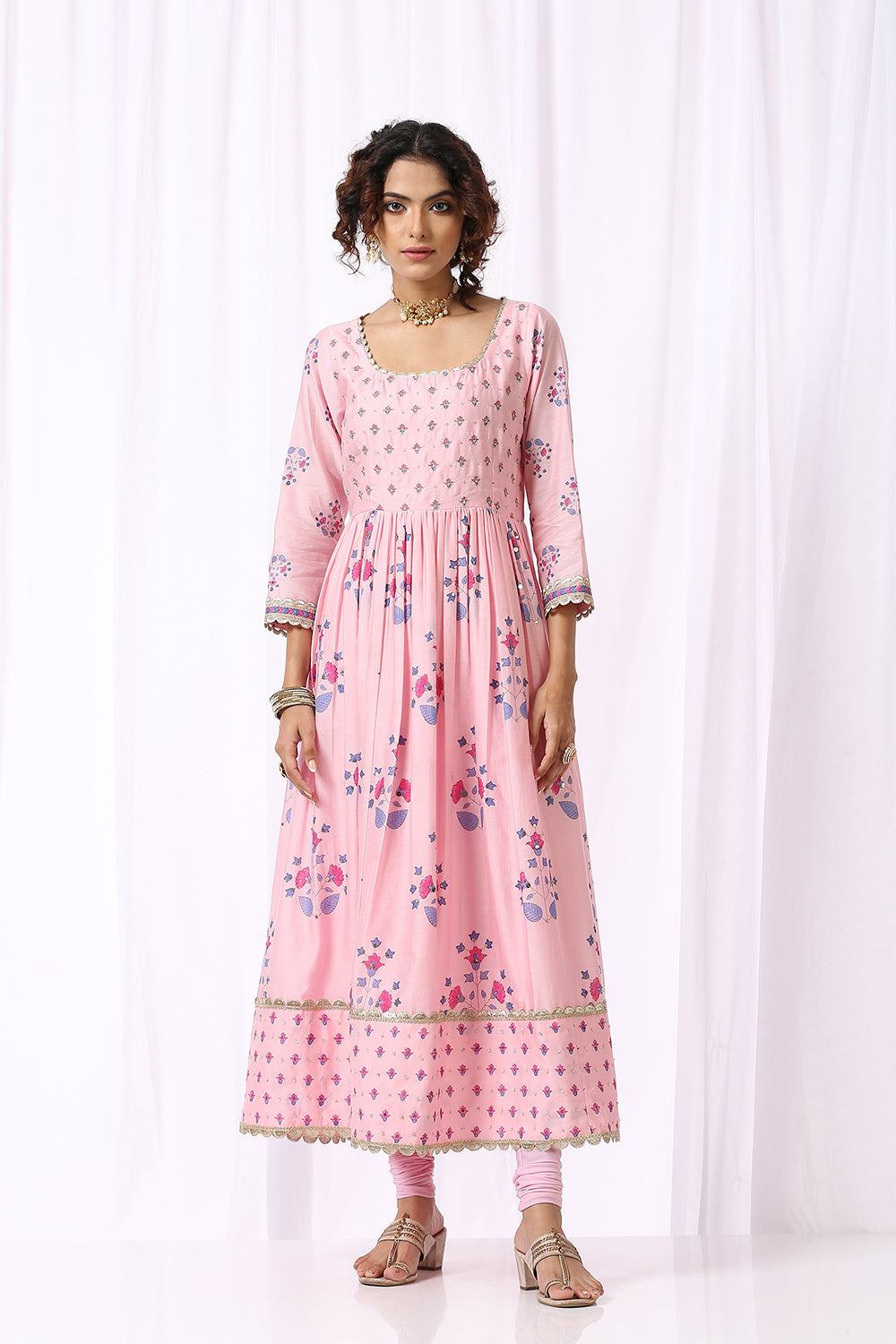 PINK BASE CHANDERI HAND BLOCK PRINTED ANARKALI SUIT SET OF -2