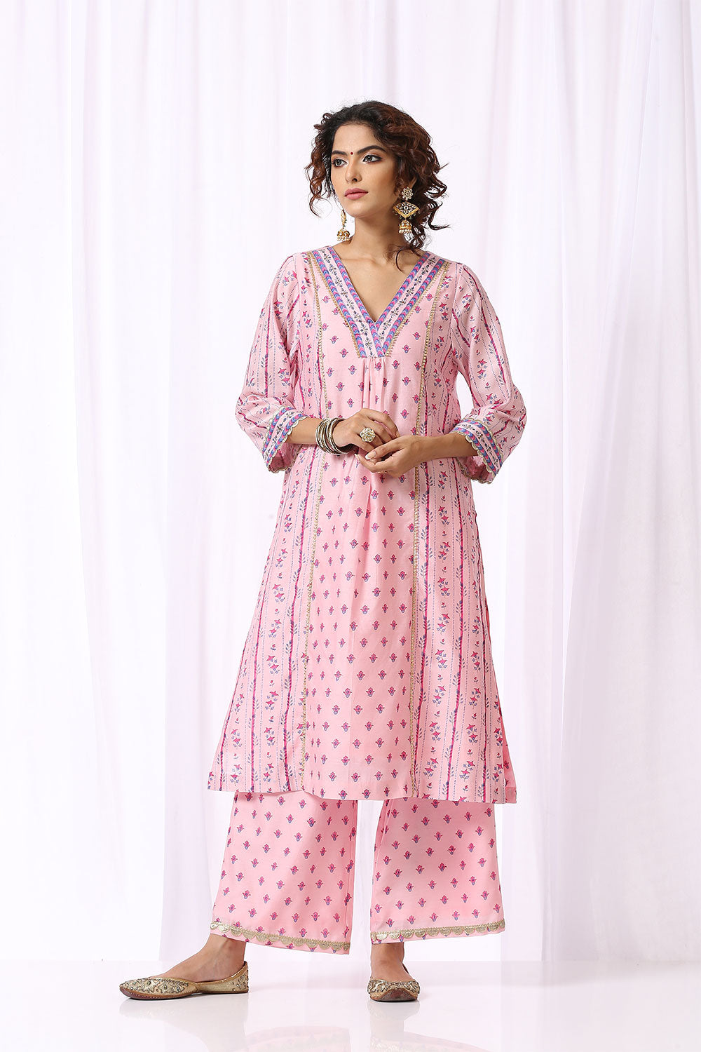 PINK BASE CHANDERI HAND BLOCK PRINTED 'V' NECK KURTA SET OF -2