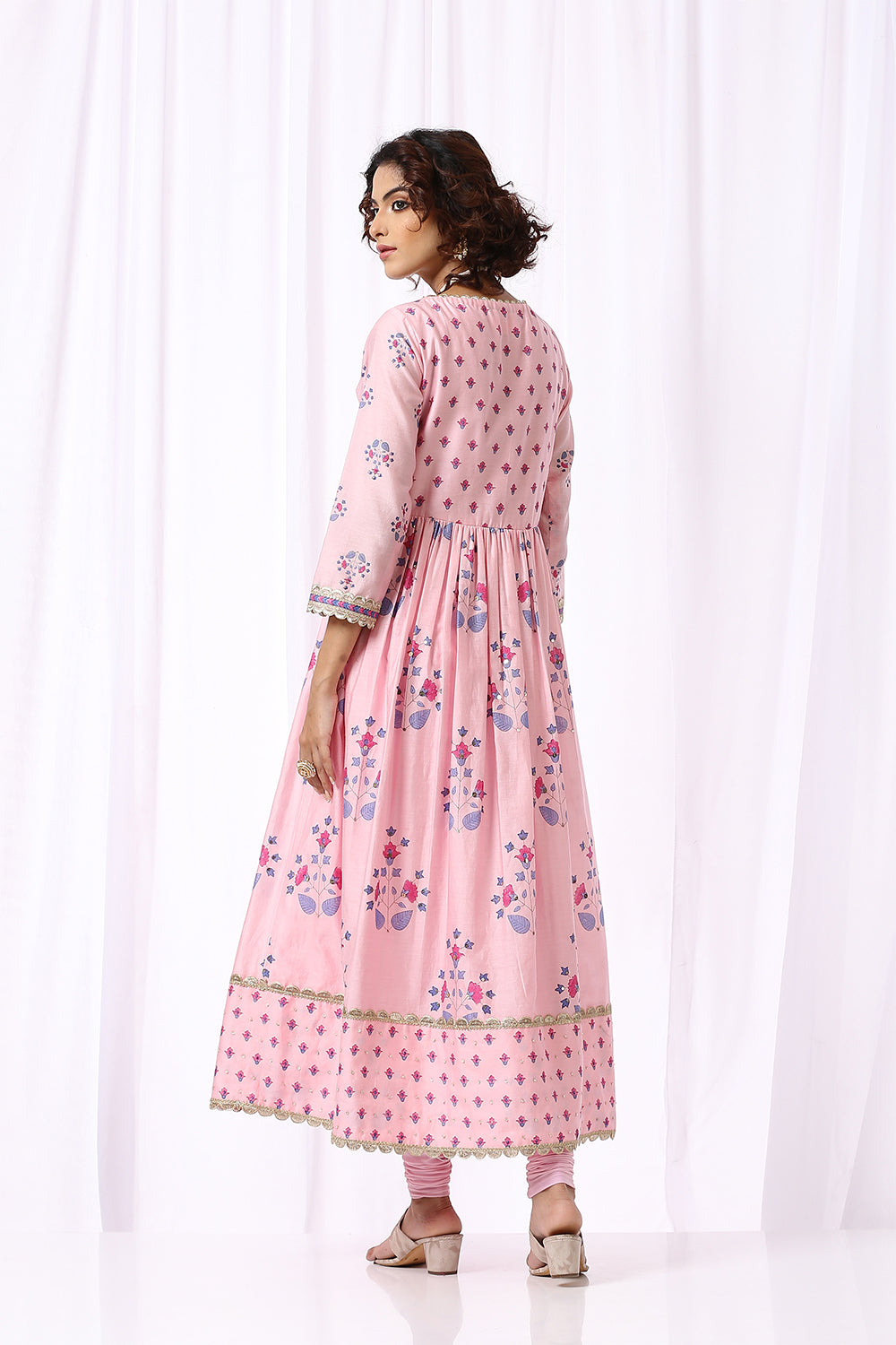 PINK BASE CHANDERI HAND BLOCK PRINTED ANARKALI SUIT SET OF -2