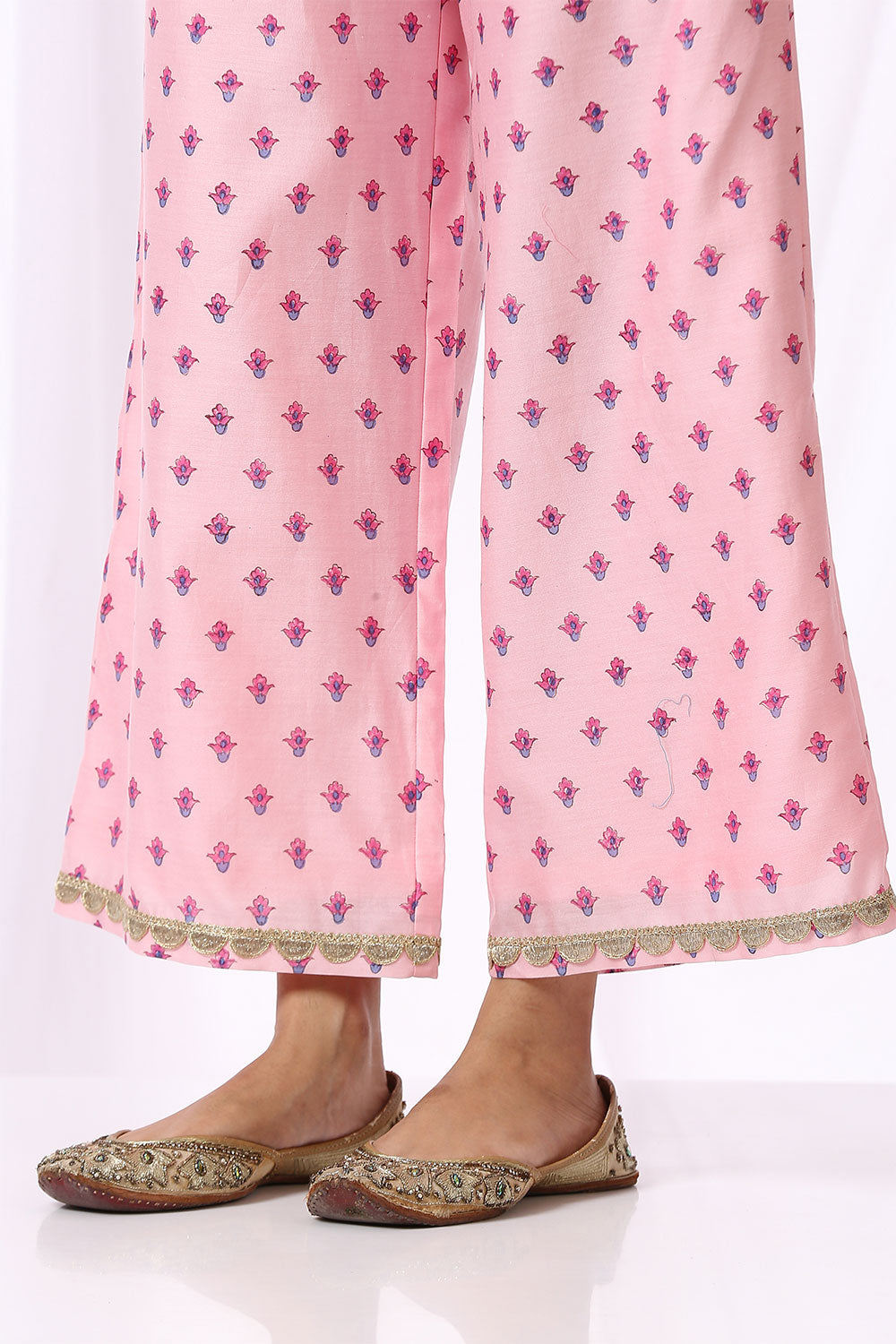 PINK BASE CHANDERI HAND BLOCK PRINTED 'V' NECK KURTA SET OF -2