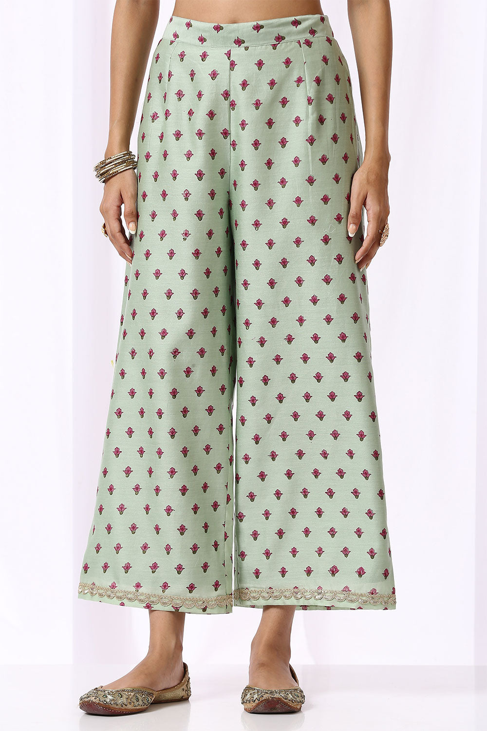 GREEN BASE CHANDERI HAND BLOCK PRINTED 'V' NECK KURTA SET OF -2