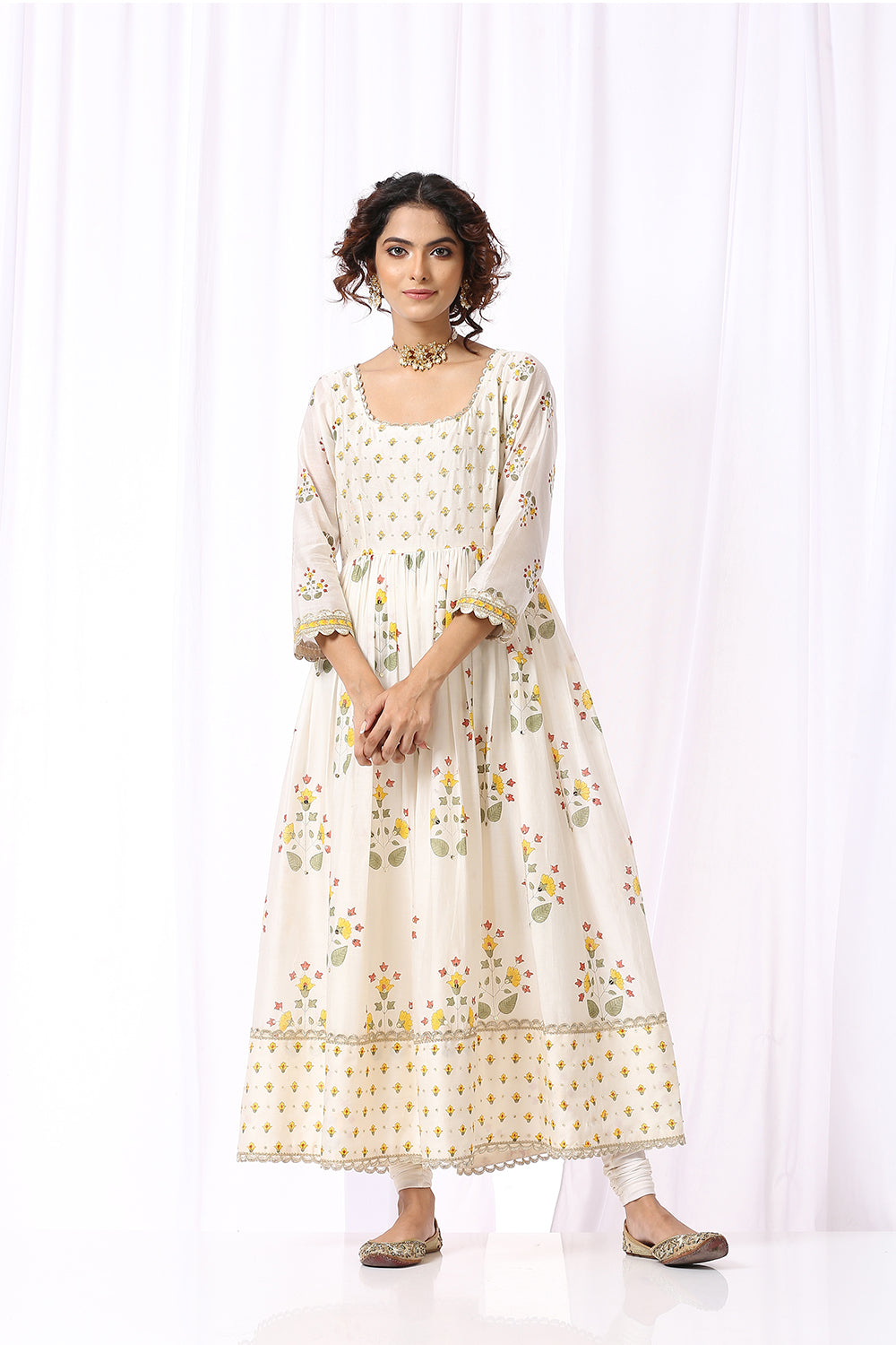WHITE BASE CHANDERI HAND BLOCK PRINTED ANARKALI SUIT SET OF -2