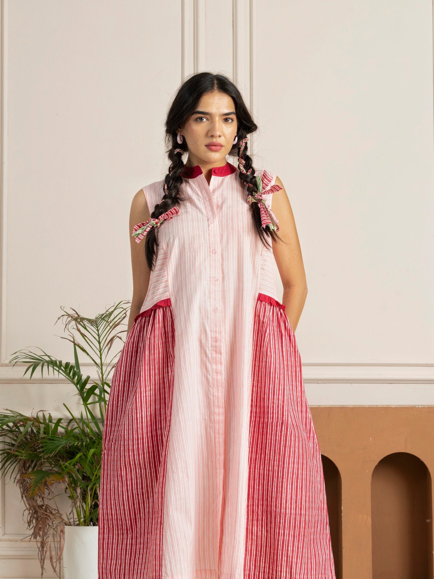 Pink Striped Panelled Hand Block Printed Dress