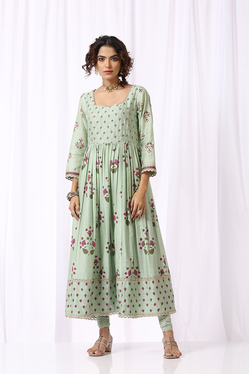 GREEN BASE CHANDERI HAND BLOCK PRINTED ANARKALI SUIT SET OF -2
