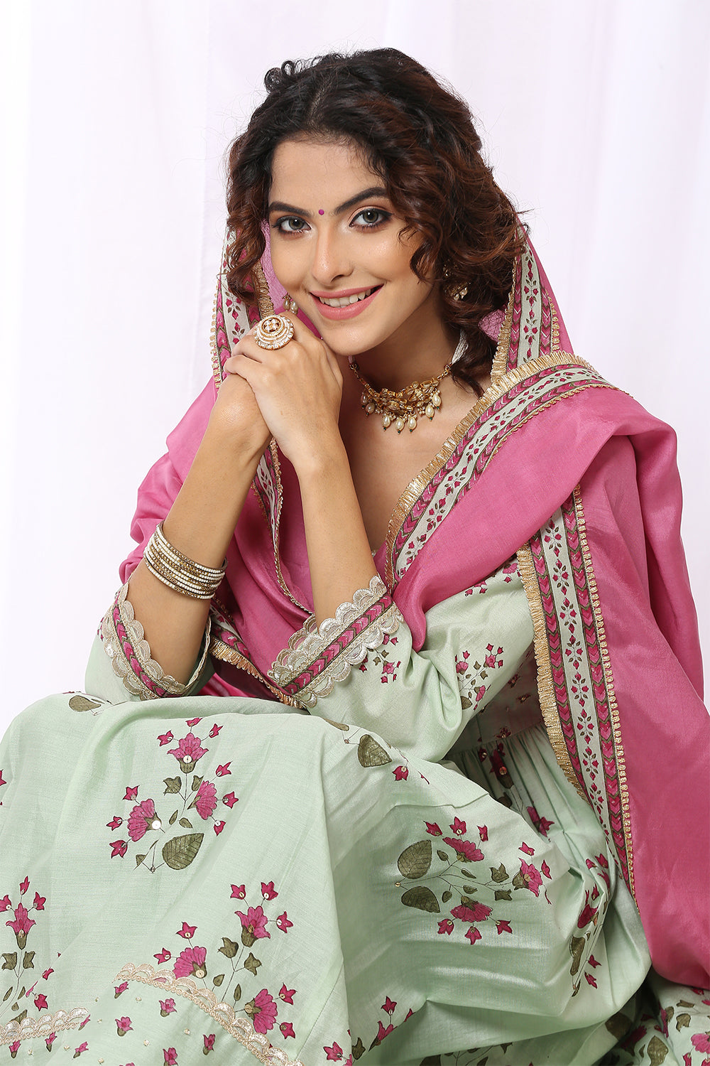 GREEN BASE CHANDERI HAND BLOCK PRINTED ANARKALI SUIT SET OF -2