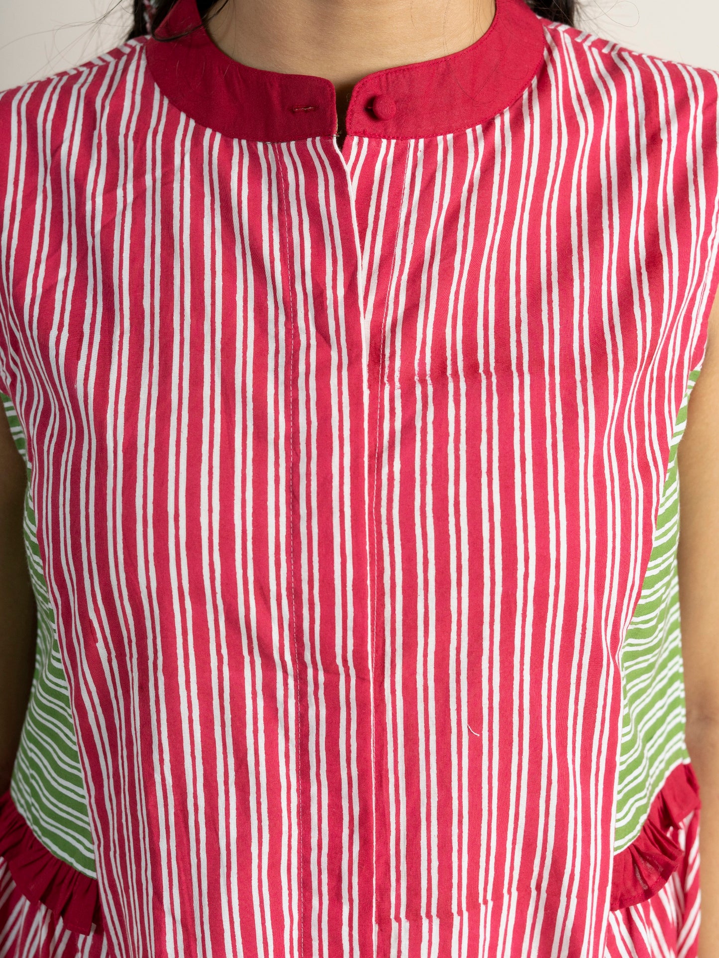 Hand Block-printed Pink & Green Stripes Panelled Dress