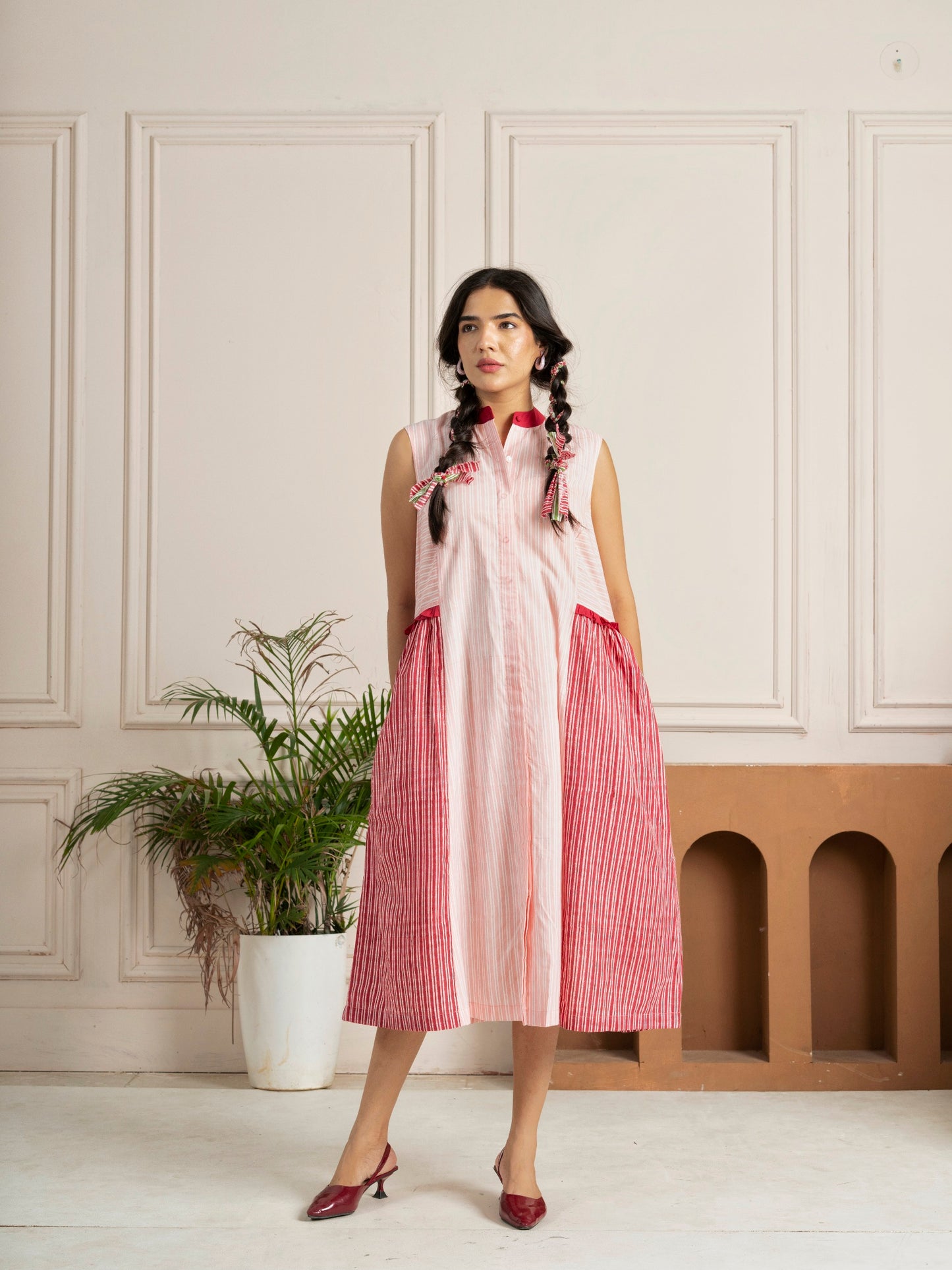 Pink Striped Panelled Hand Block Printed Dress