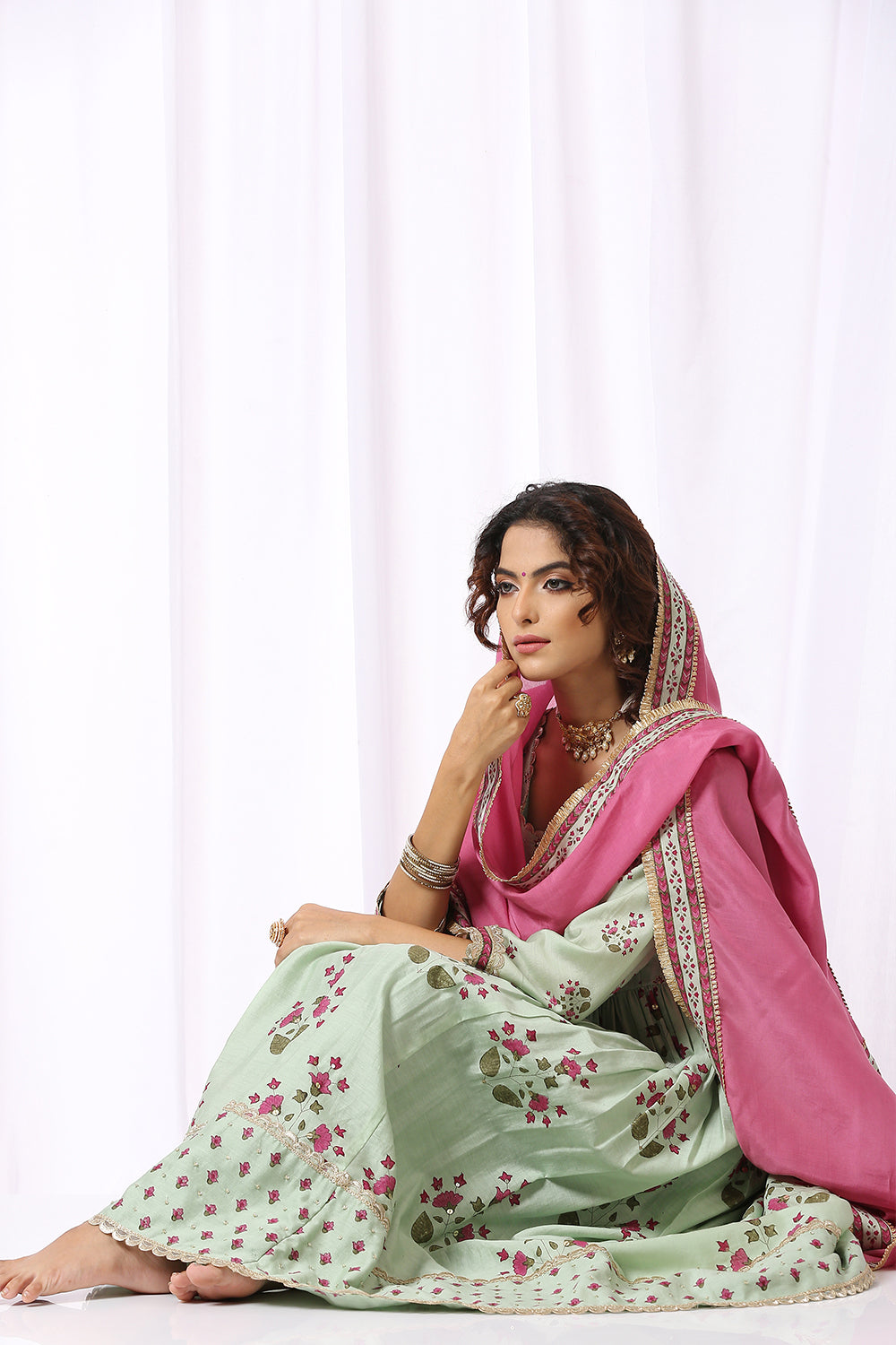 GREEN BASE CHANDERI HAND BLOCK PRINTED ANARKALI SUIT SET OF -2