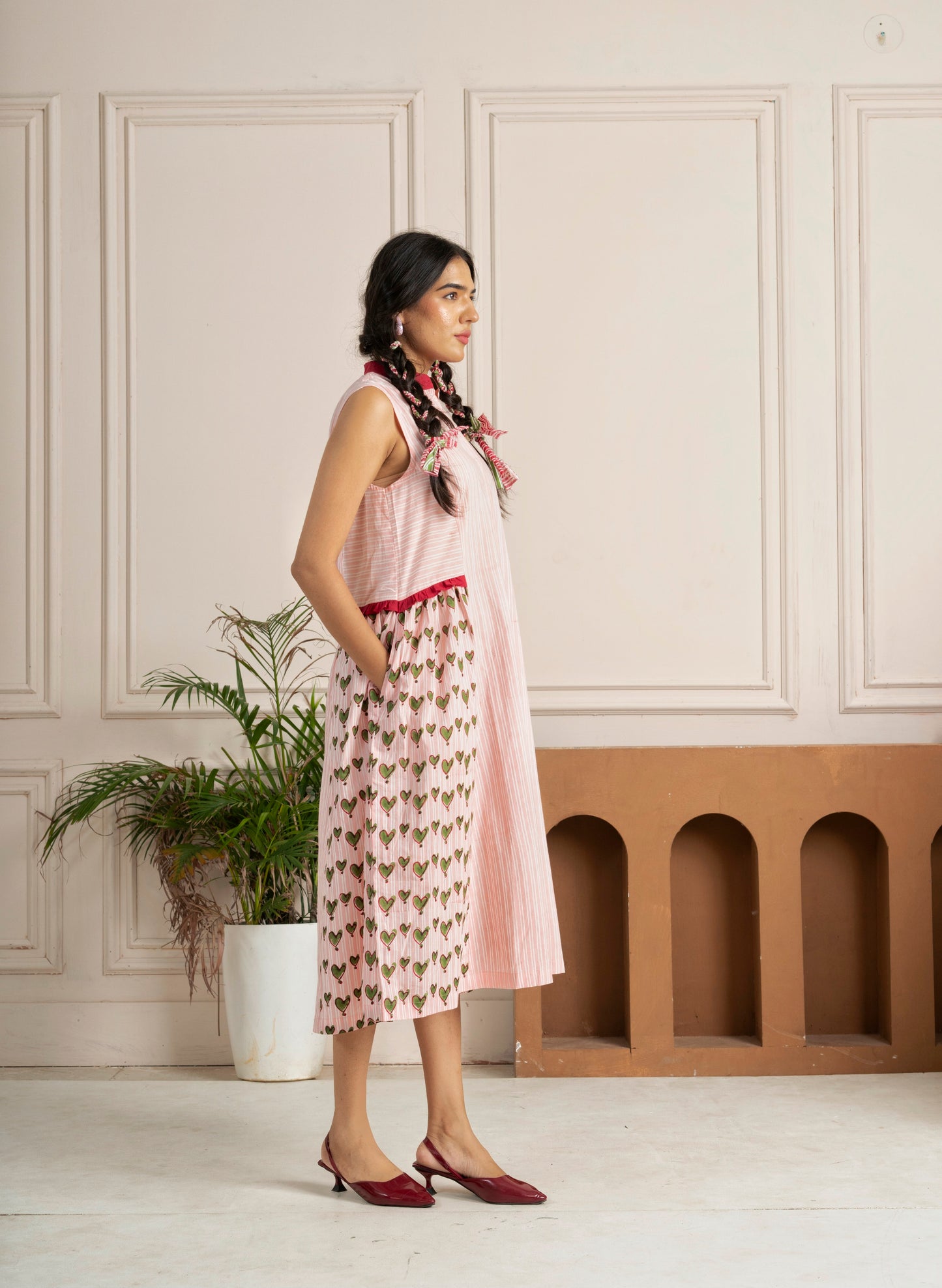 Pink Heart Panelled Hand Block Printed Dress