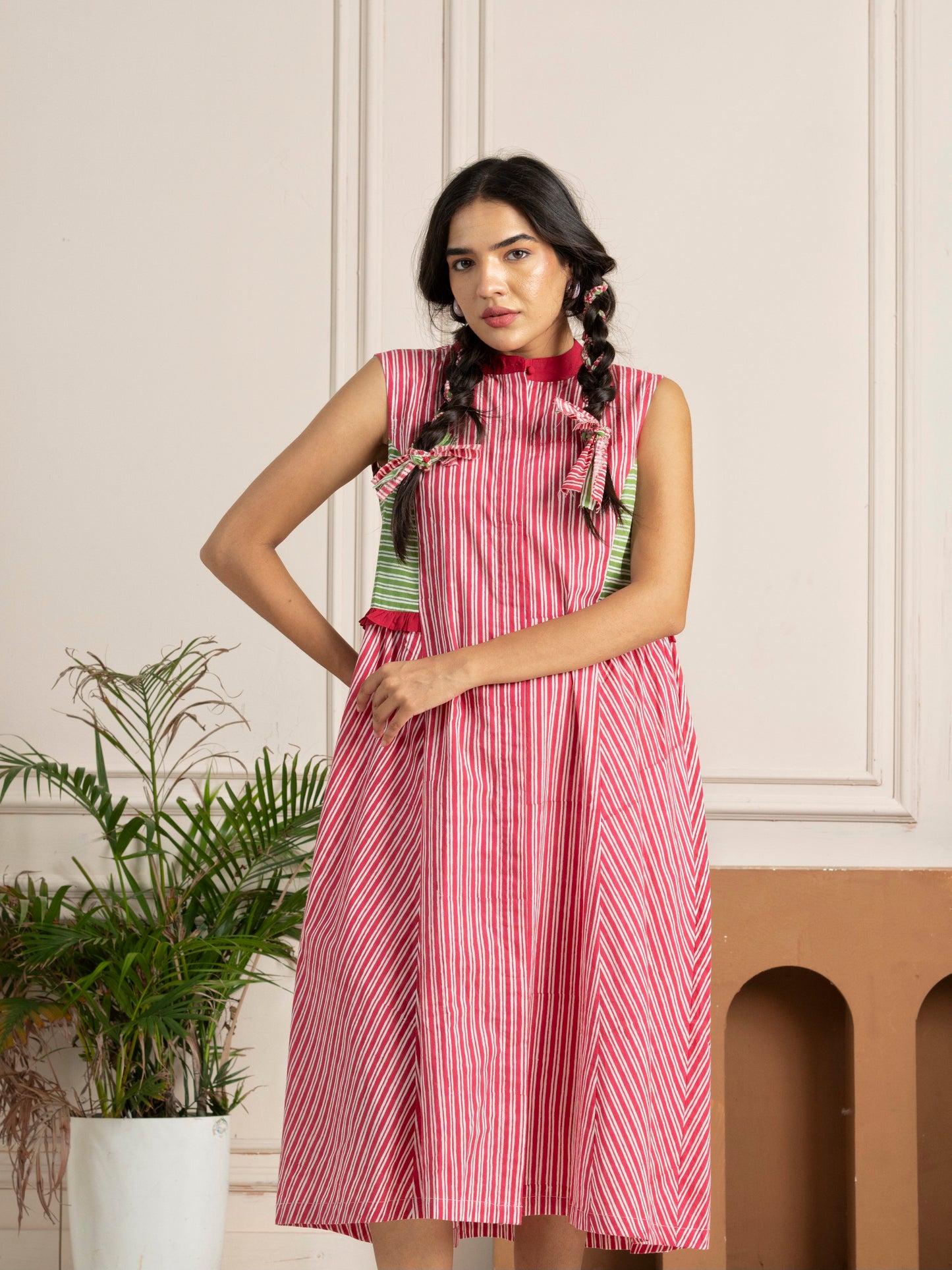 Hand Block-printed Pink & Green Stripes Panelled Dress