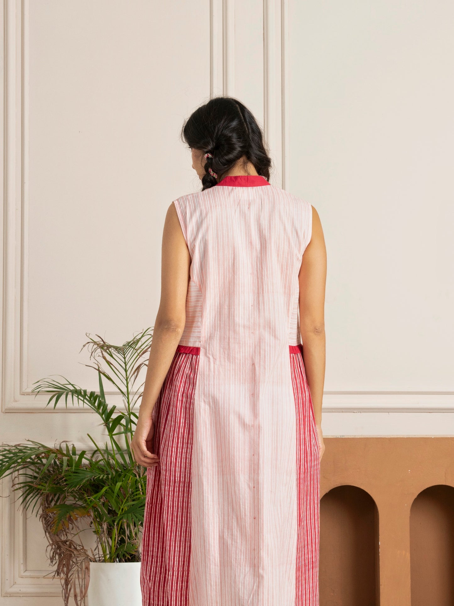 Pink Striped Panelled Hand Block Printed Dress