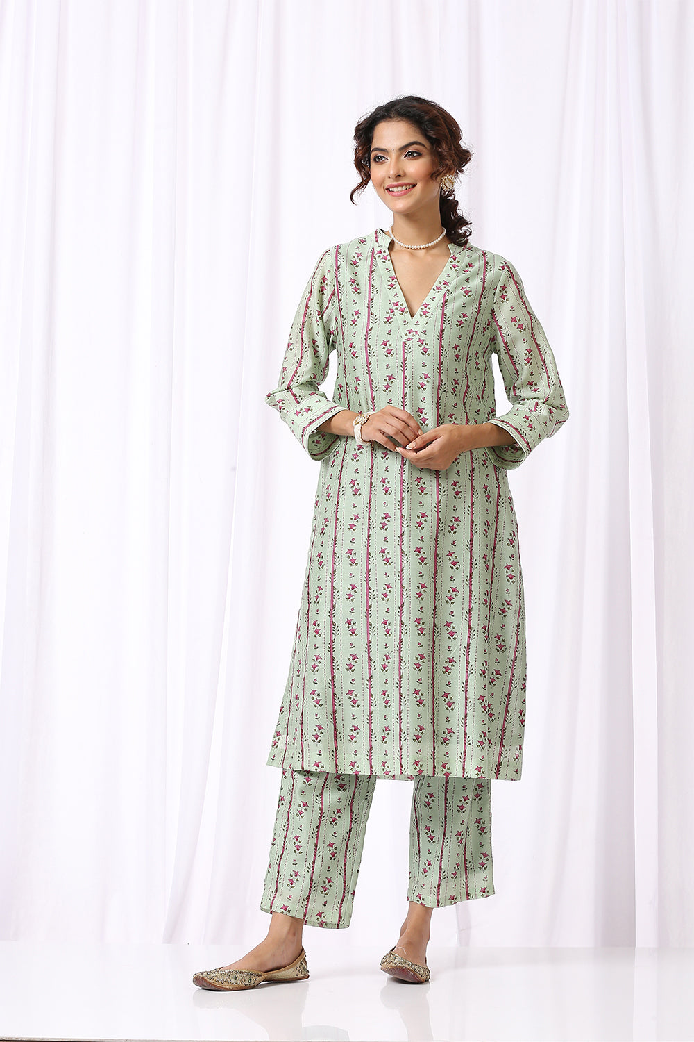 GREEN BASE CHANDERI HAND BLOCK PRINTED KURTA SET OF-2