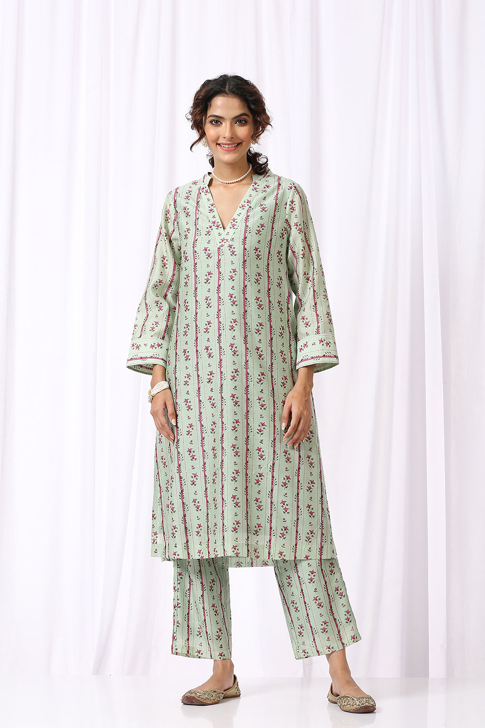 GREEN BASE CHANDERI HAND BLOCK PRINTED KURTA SET OF-2