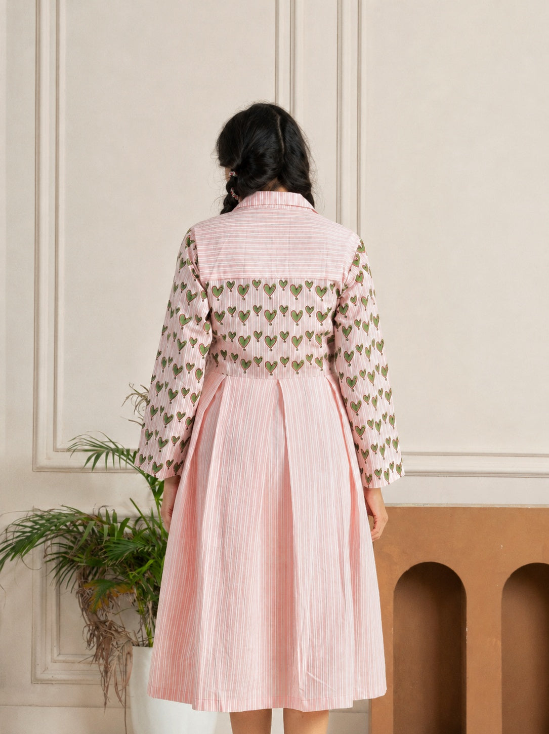 Block Printed Green Hearts Box Pleated Dress