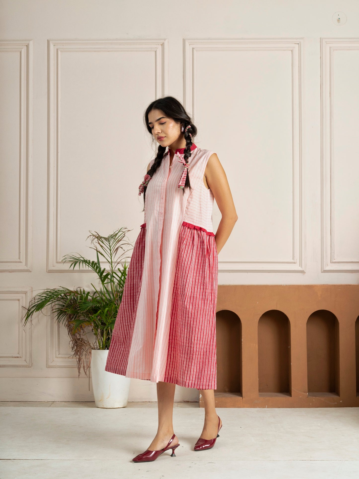 Pink Striped Panelled Hand Block Printed Dress