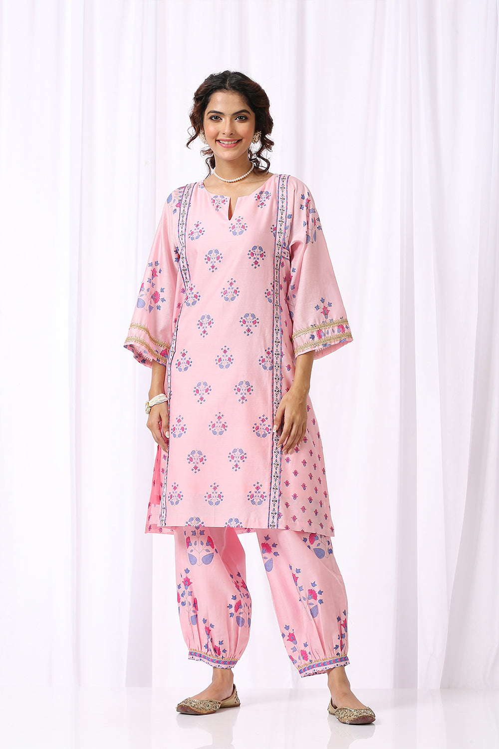PINK BASE CHANDERI HAND BLOCK PRINTED CHOGA SET OF-2