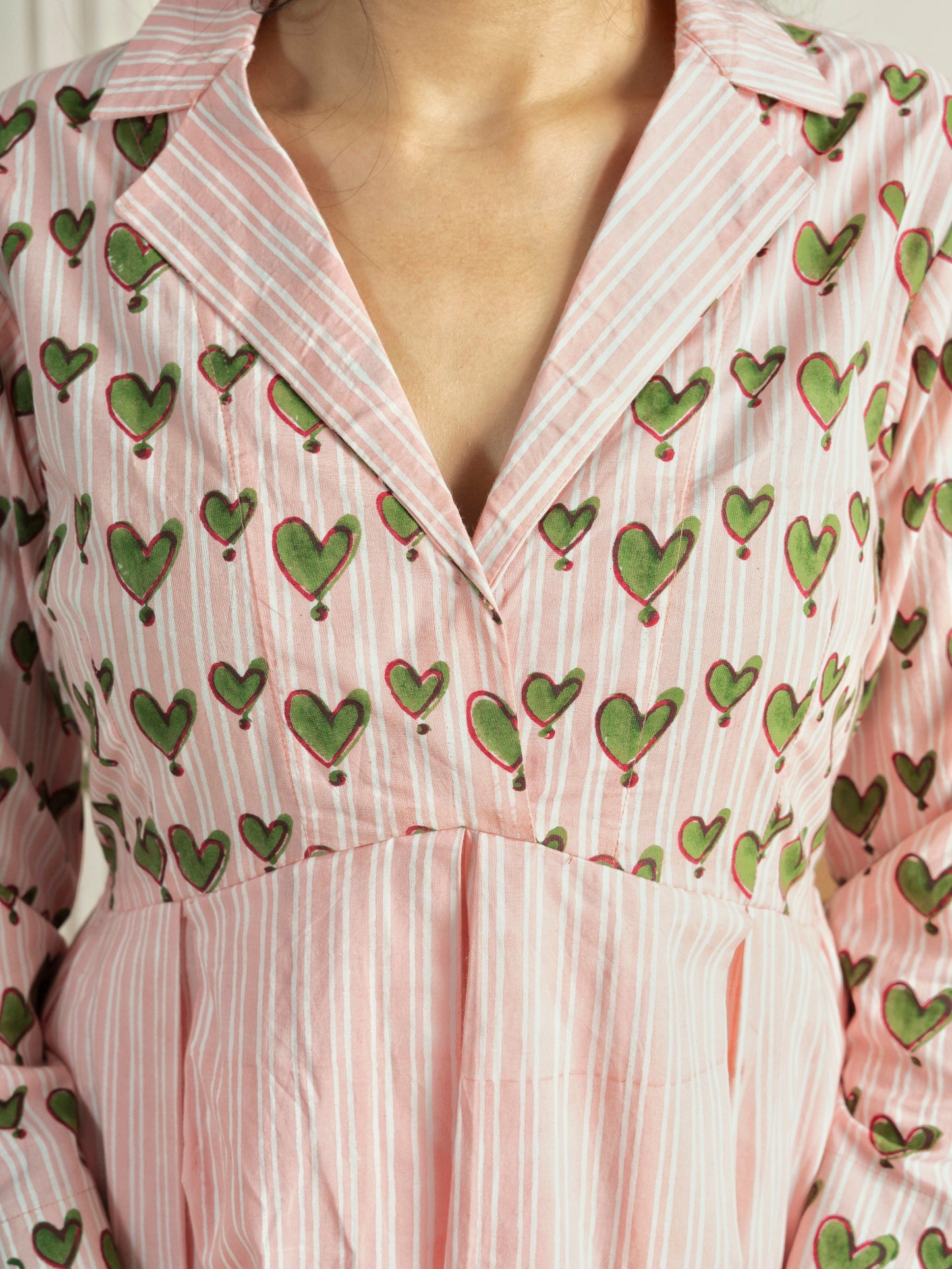 Block Printed Green Hearts Box Pleated Dress