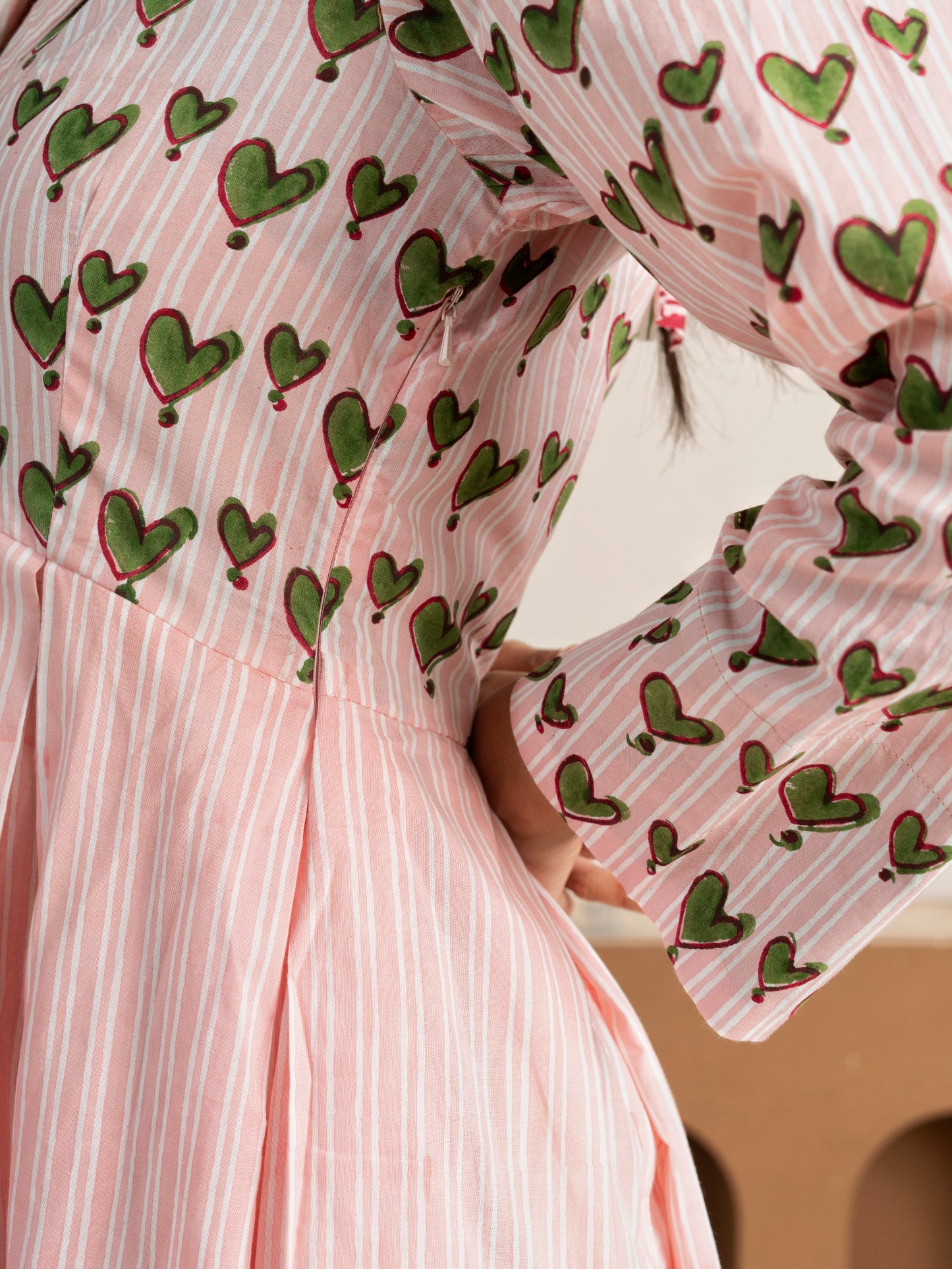 Block Printed Green Hearts Box Pleated Dress
