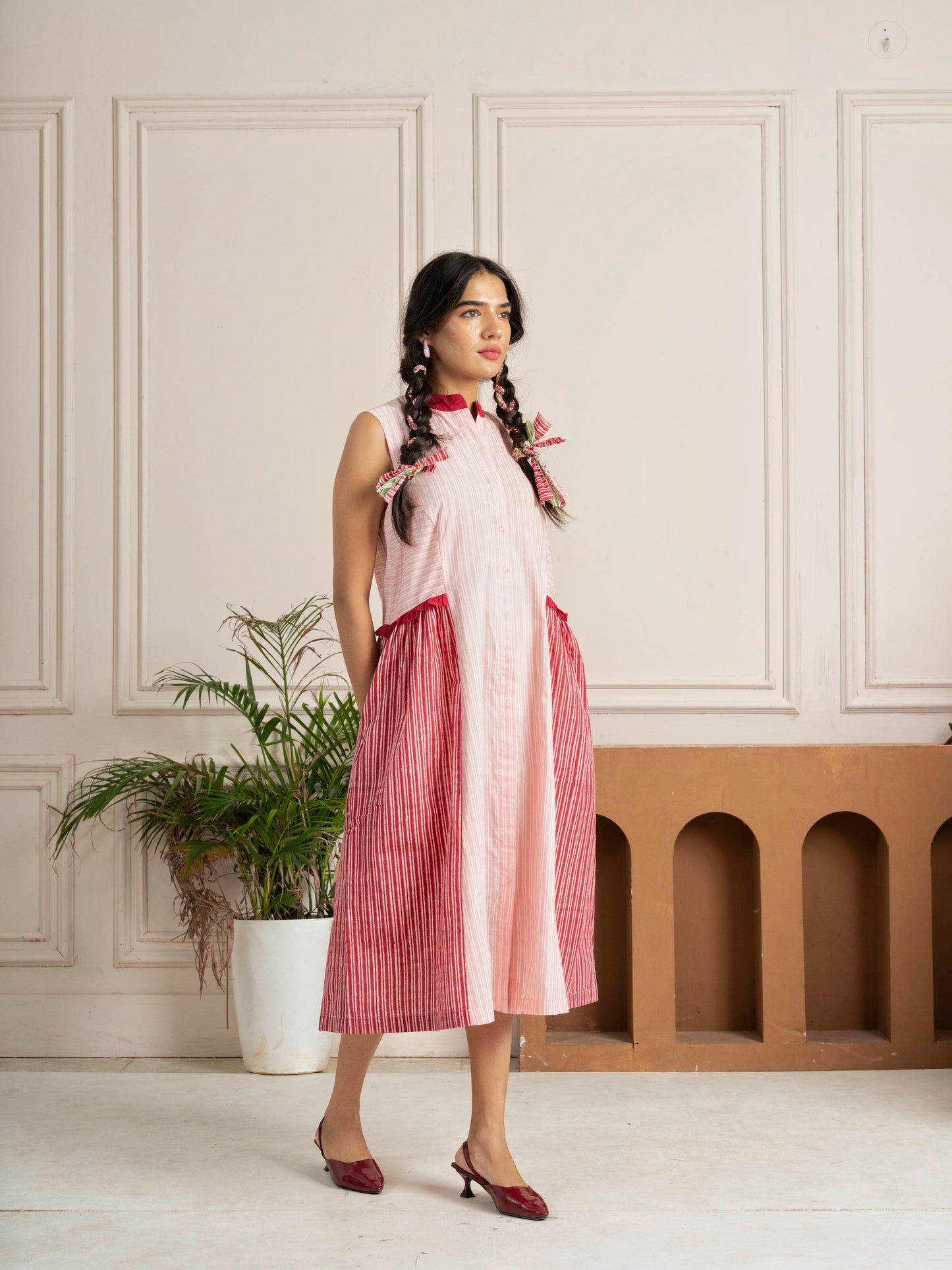 Pink Striped Panelled Hand Block Printed Dress