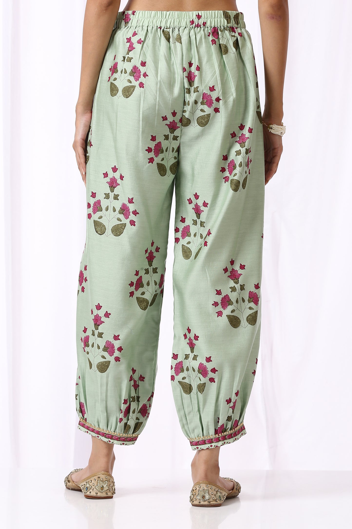 GREEN  BASE CHANDERI HAND BLOCK PRINTED CHOGA SET OF-2