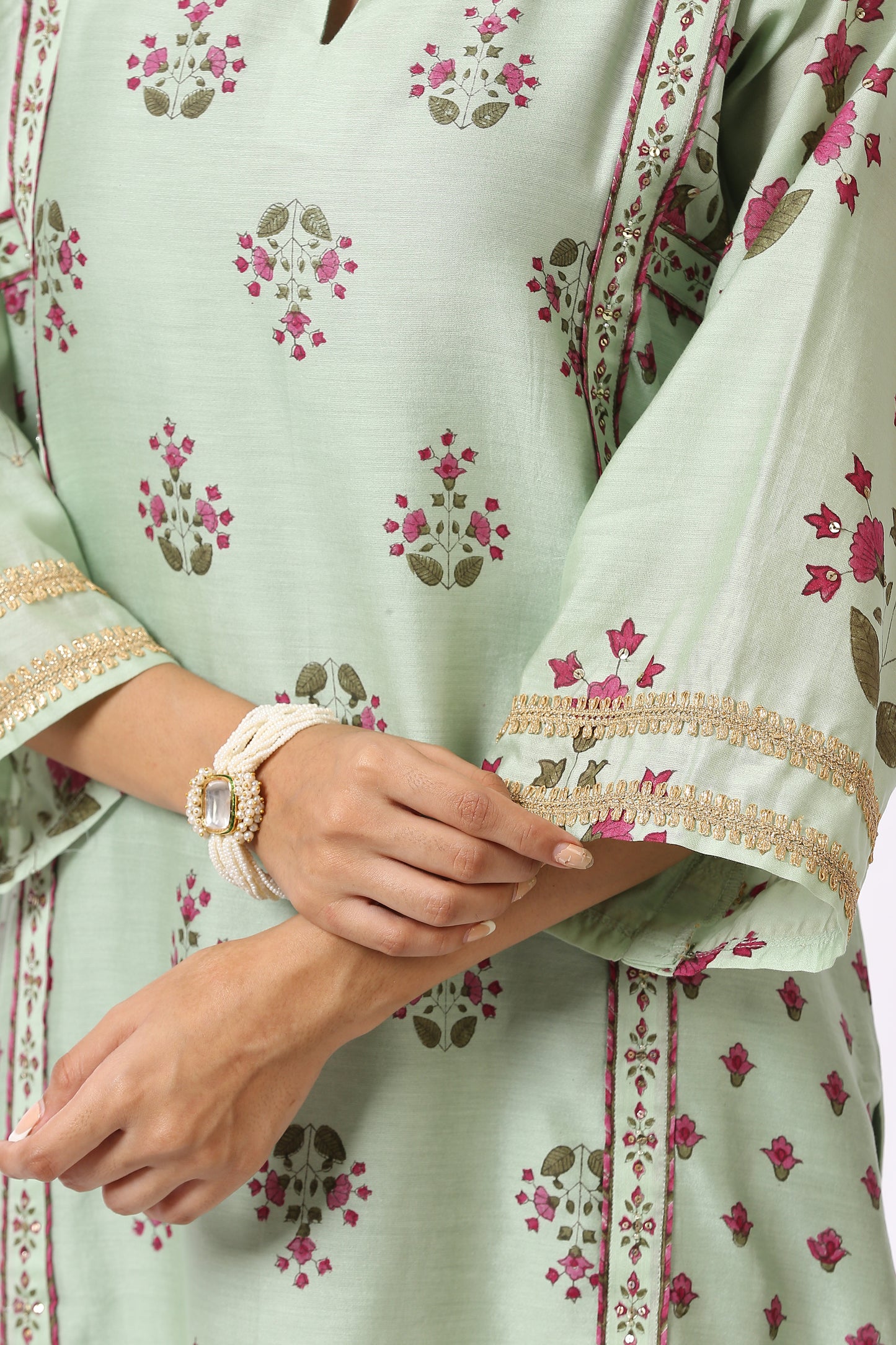 GREEN  BASE CHANDERI HAND BLOCK PRINTED CHOGA SET OF-2