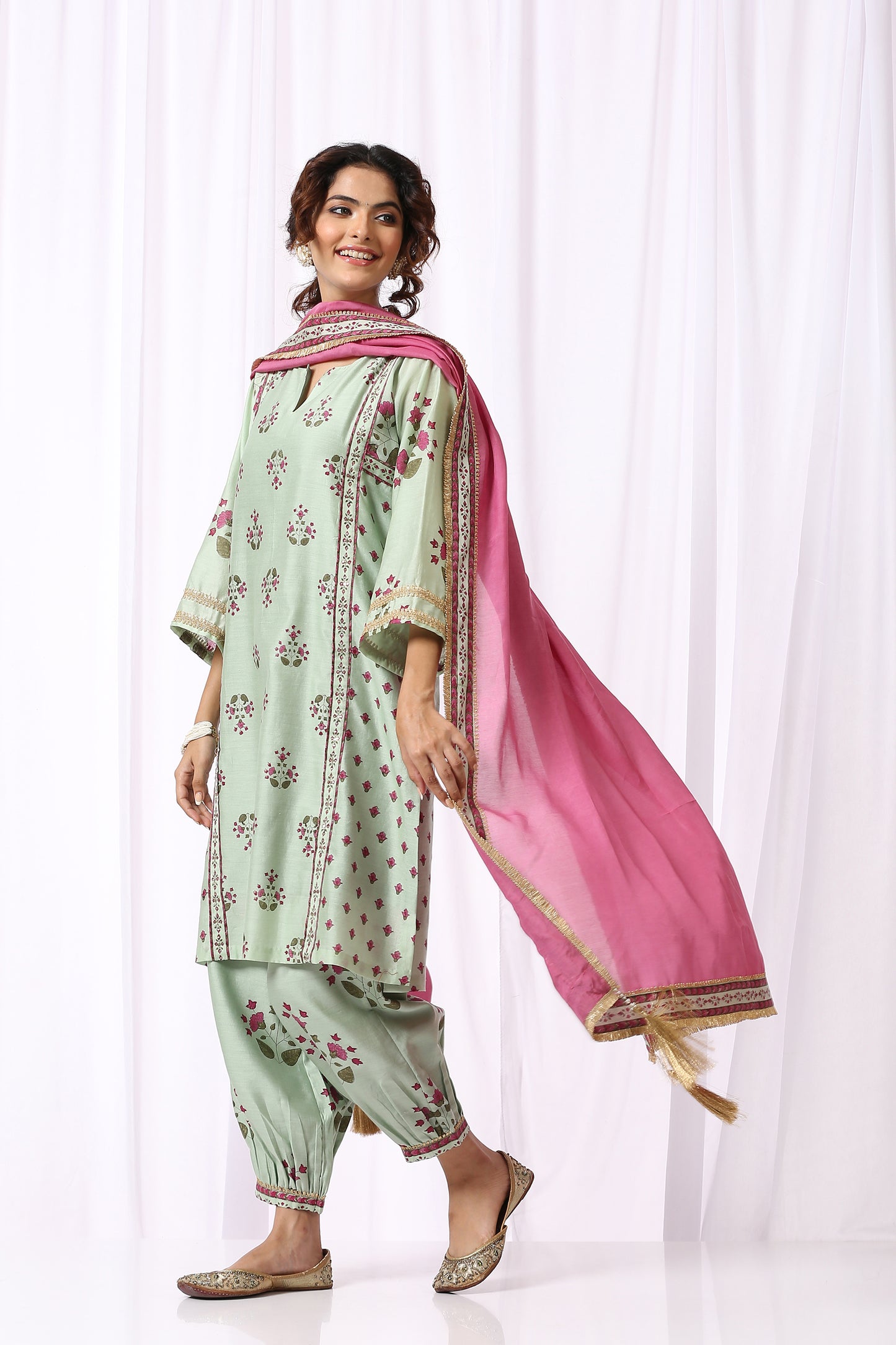 GREEN  BASE CHANDERI HAND BLOCK PRINTED CHOGA SET OF-2