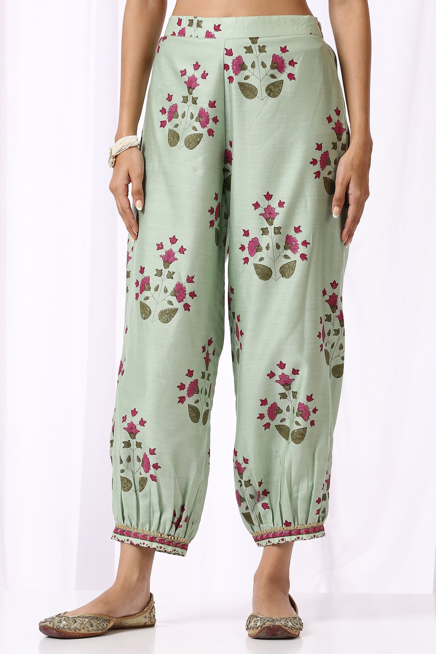 GREEN  BASE CHANDERI HAND BLOCK PRINTED CHOGA SET OF-2
