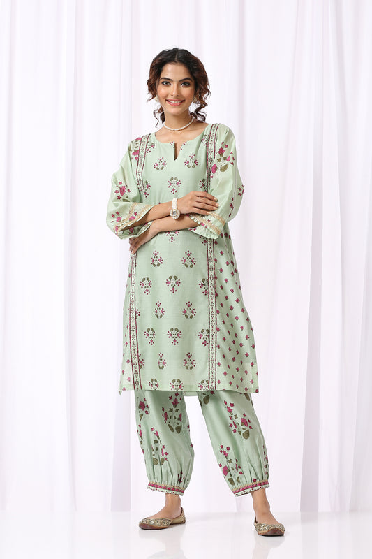 GREEN  BASE CHANDERI HAND BLOCK PRINTED CHOGA SET OF-2