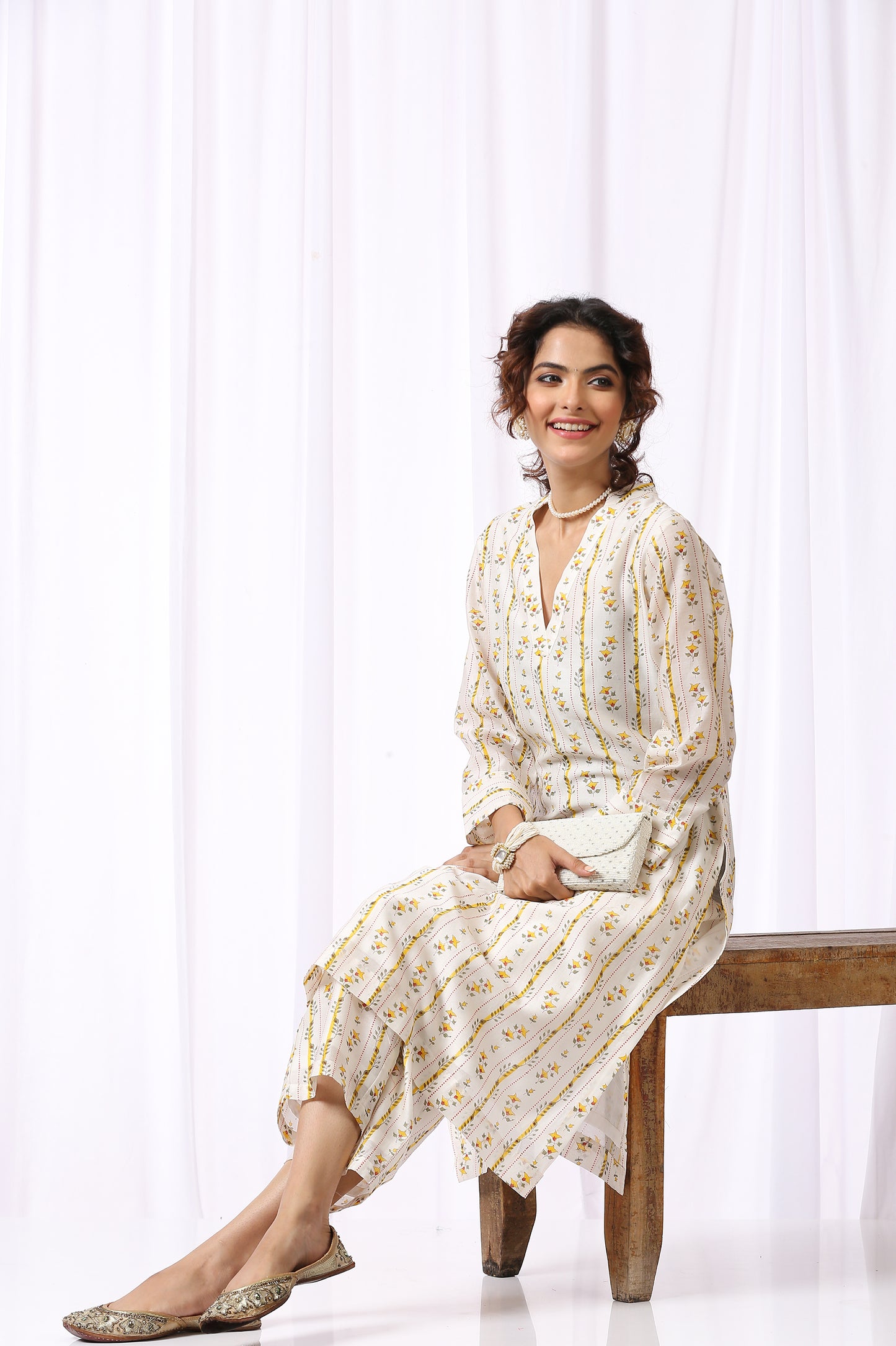 WHITE BASE CHANDERI HAND BLOCK PRINTED KURTA SET OF-2