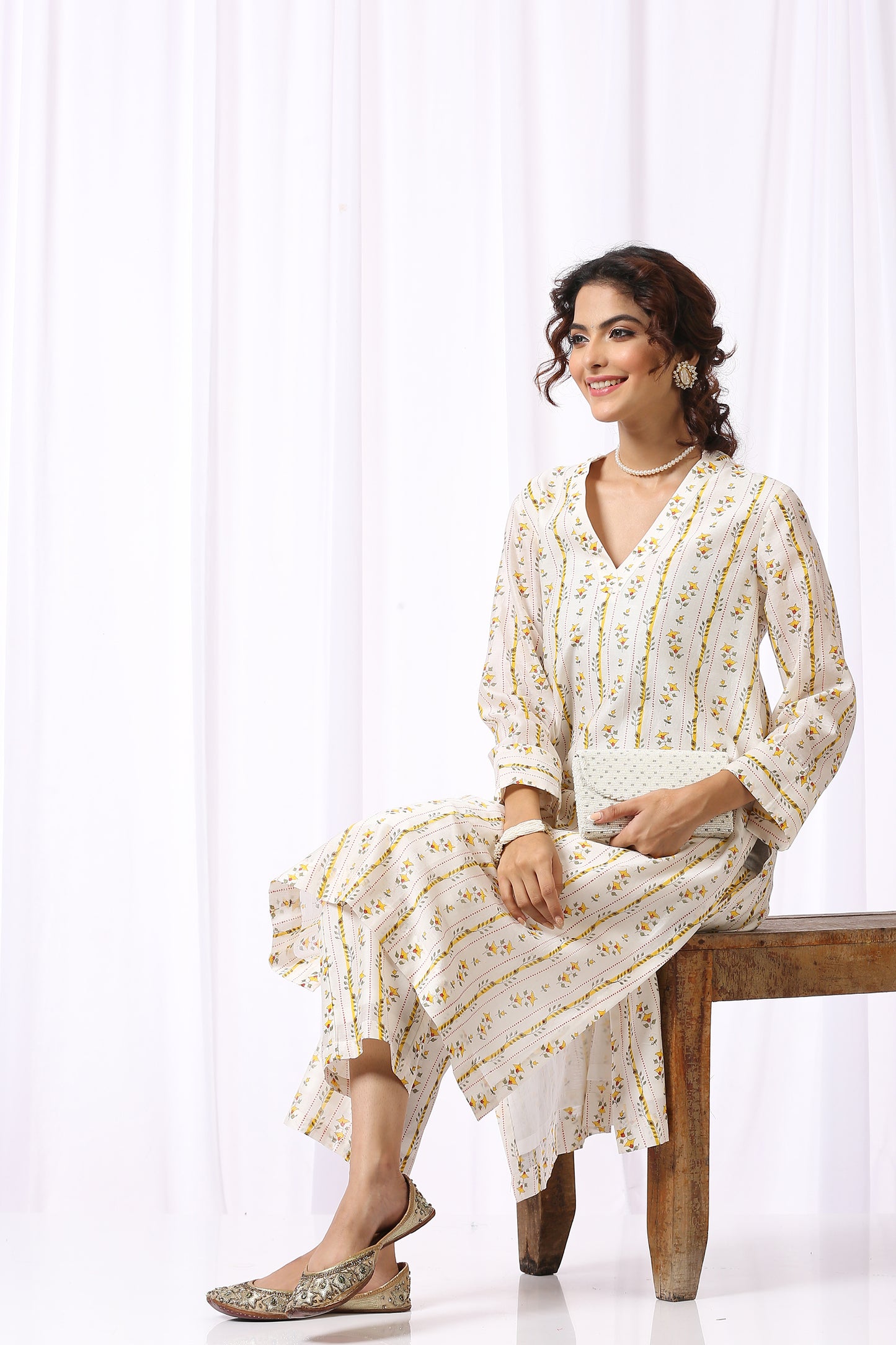 WHITE BASE CHANDERI HAND BLOCK PRINTED KURTA SET OF-2