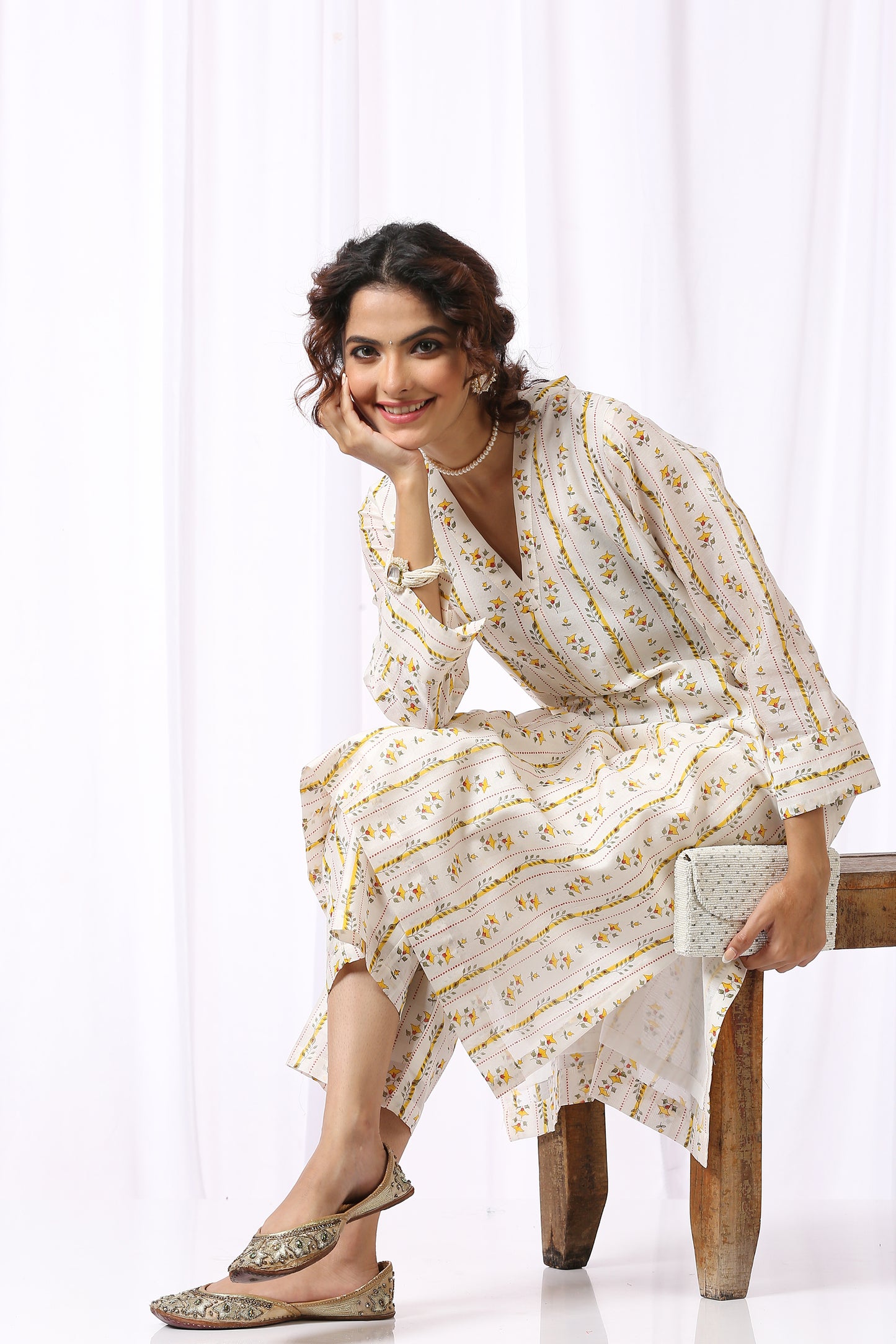 WHITE BASE CHANDERI HAND BLOCK PRINTED KURTA SET OF-2