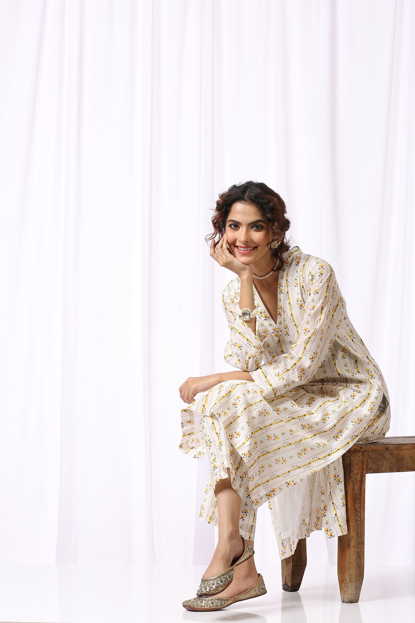 WHITE BASE CHANDERI HAND BLOCK PRINTED KURTA SET OF-2