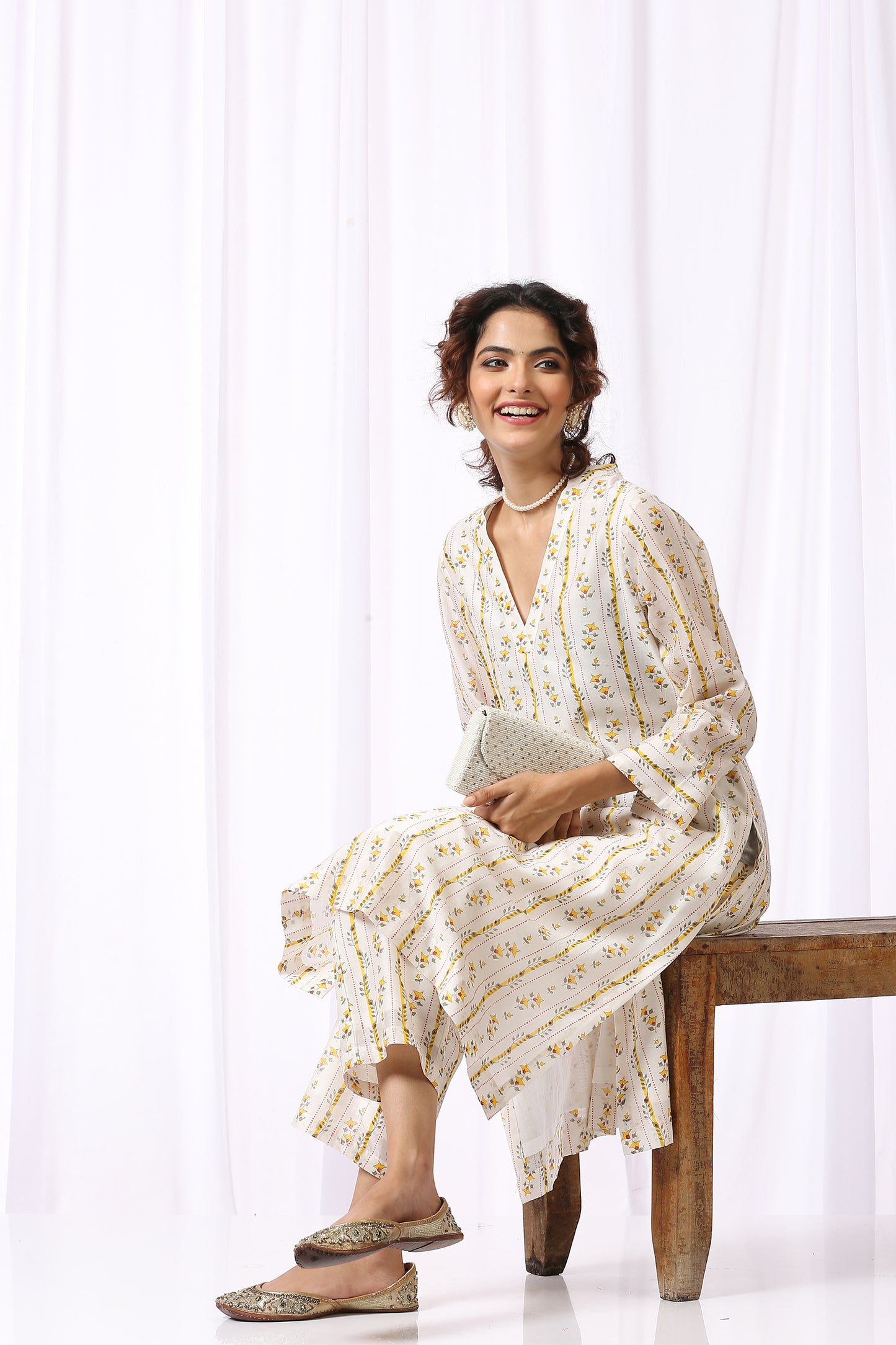 WHITE BASE CHANDERI HAND BLOCK PRINTED KURTA SET OF-2