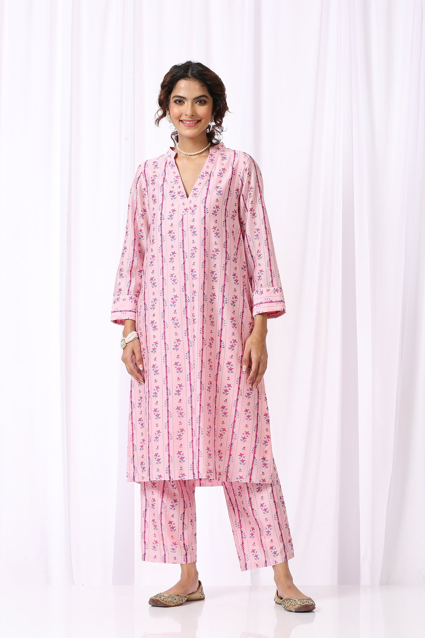PINK  BASE CHANDERI HAND BLOCK PRINTED KURTA SET OF-2