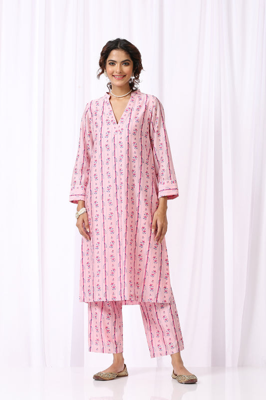 PINK  BASE CHANDERI HAND BLOCK PRINTED KURTA SET OF-2
