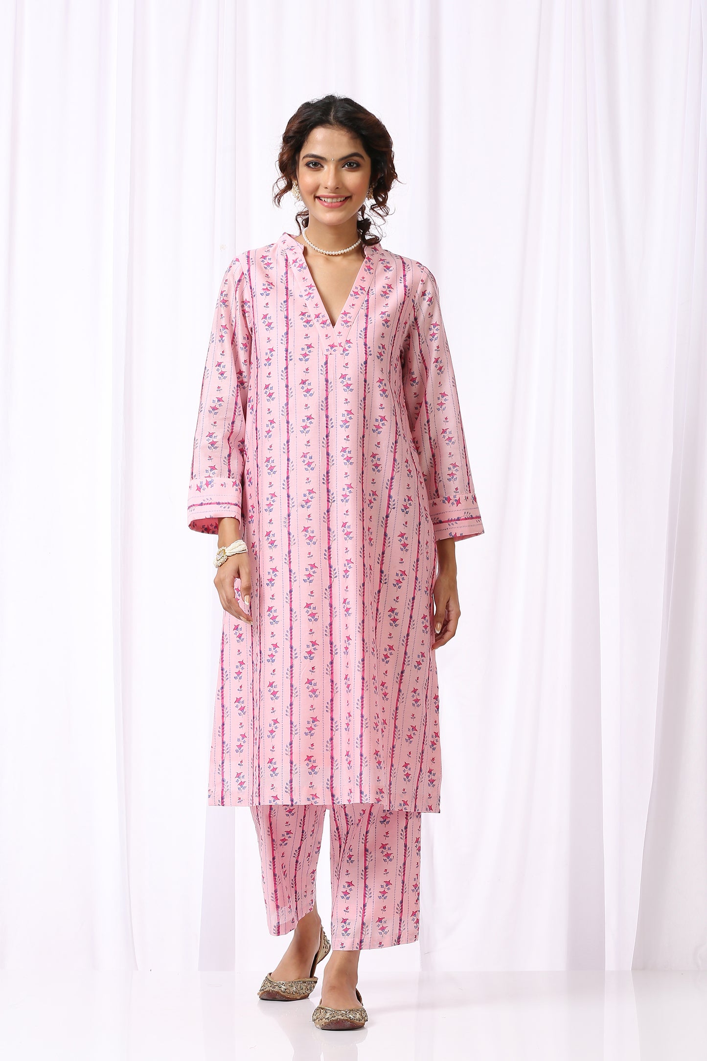 PINK  BASE CHANDERI HAND BLOCK PRINTED KURTA SET OF-2