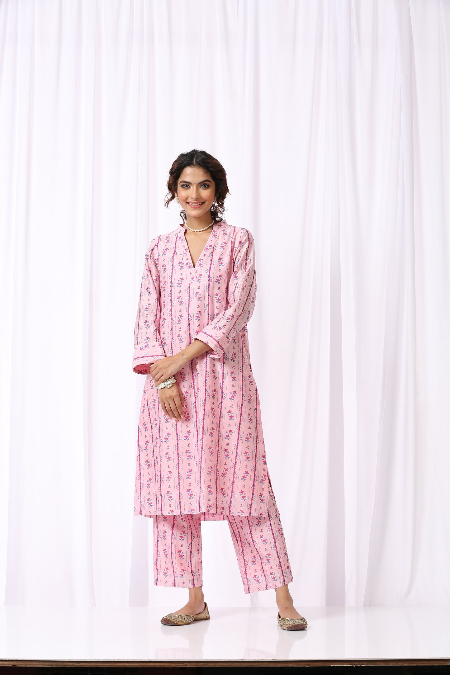 PINK  BASE CHANDERI HAND BLOCK PRINTED KURTA SET OF-2