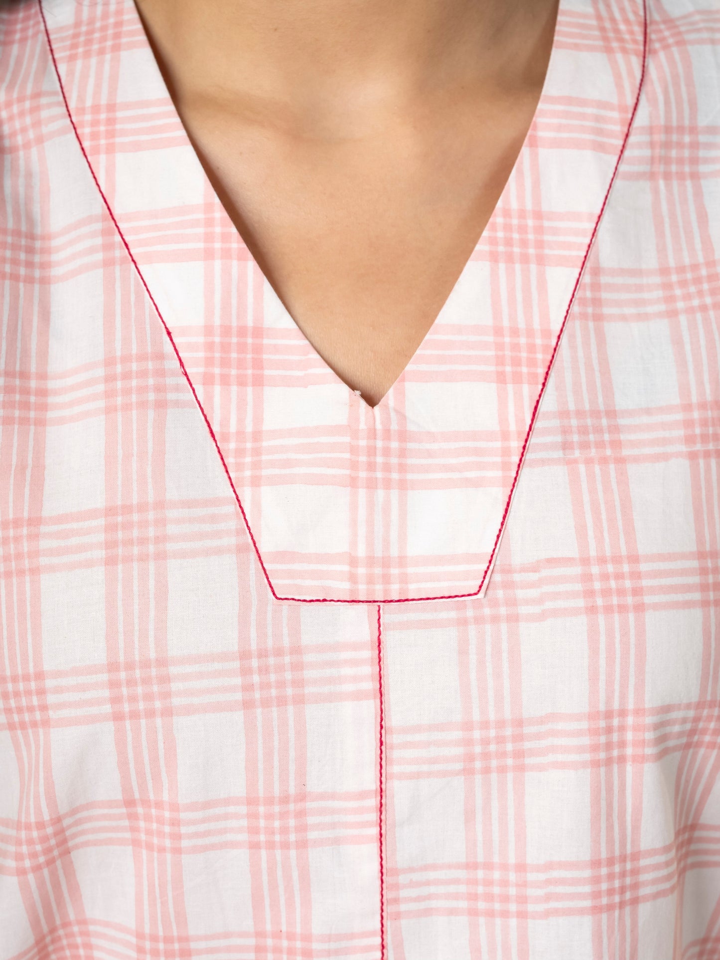 Hand Block Printed Blush Check A-Line Cotton Dress