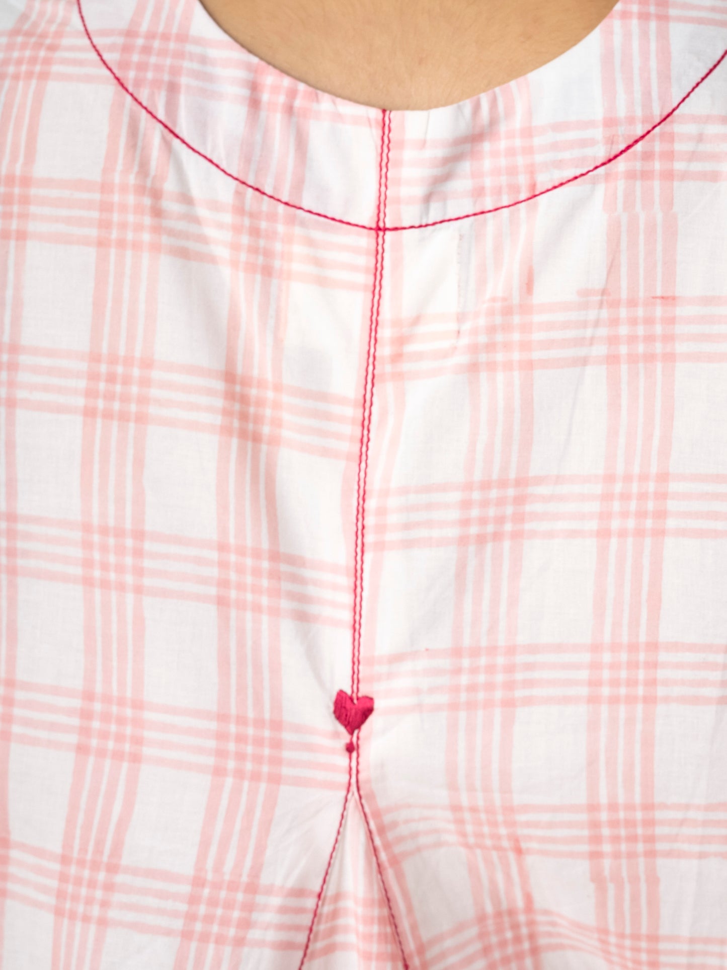 Hand Block Printed Blush Check A-Line Cotton Dress