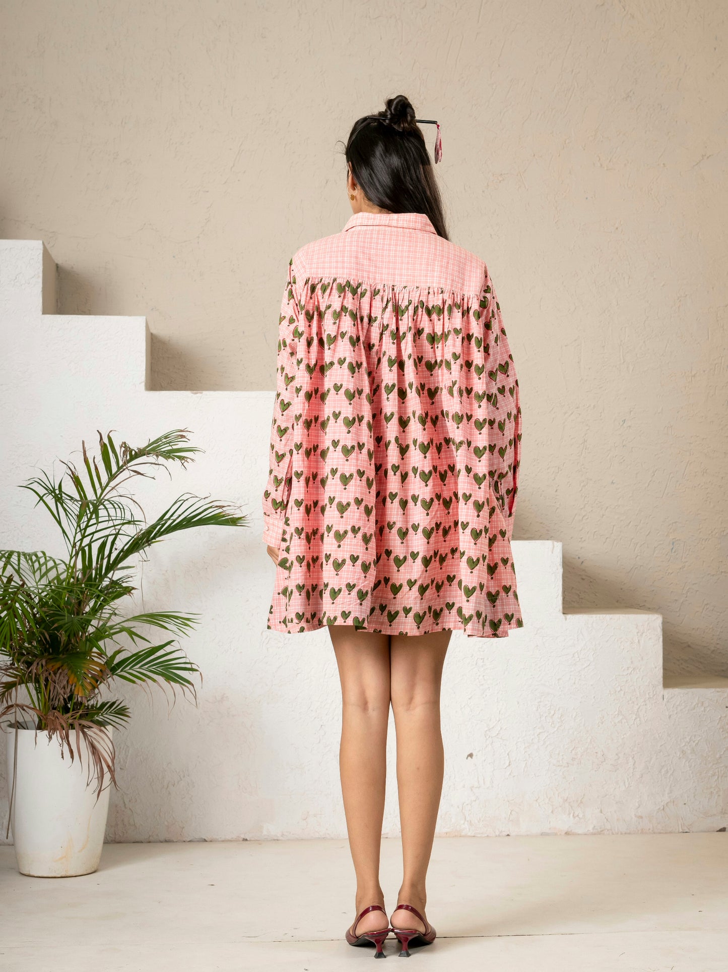 Hand Block Printed Green Hearts Flaired Shirt Top/ Dress
