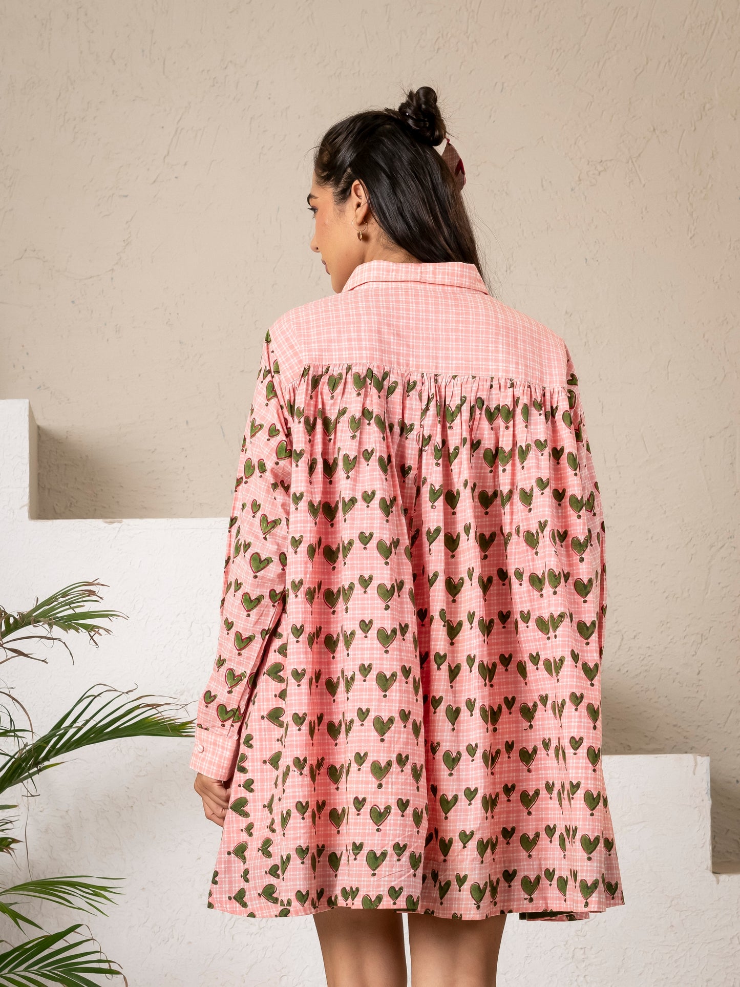 Hand Block Printed Green Hearts Flaired Shirt Top/ Dress