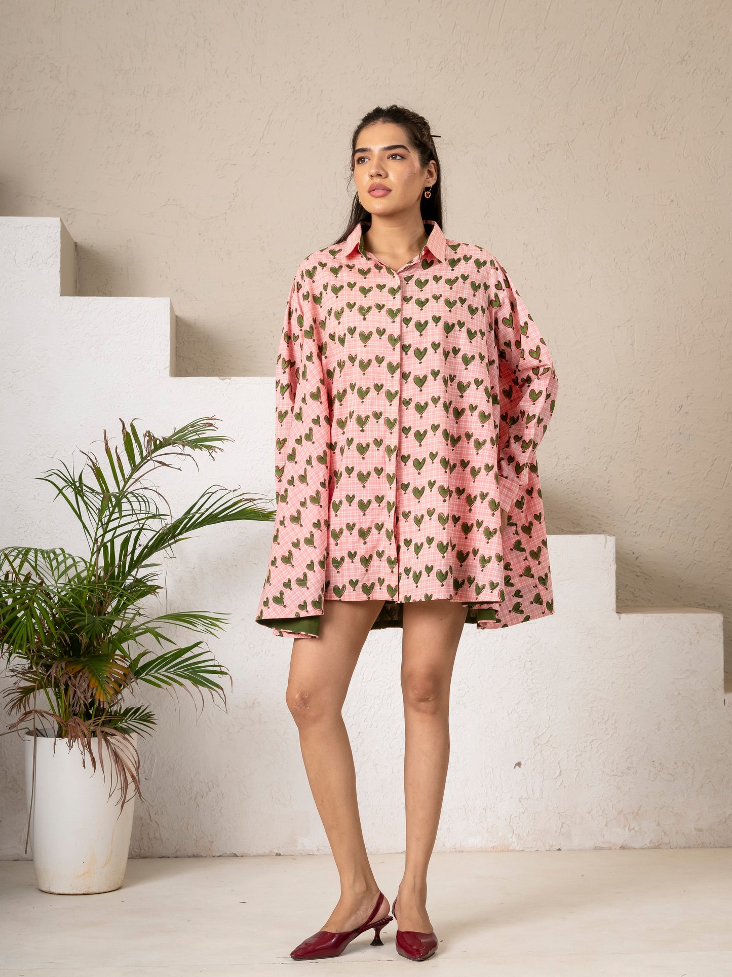 Hand Block Printed Green Hearts Flaired Shirt Top/ Dress