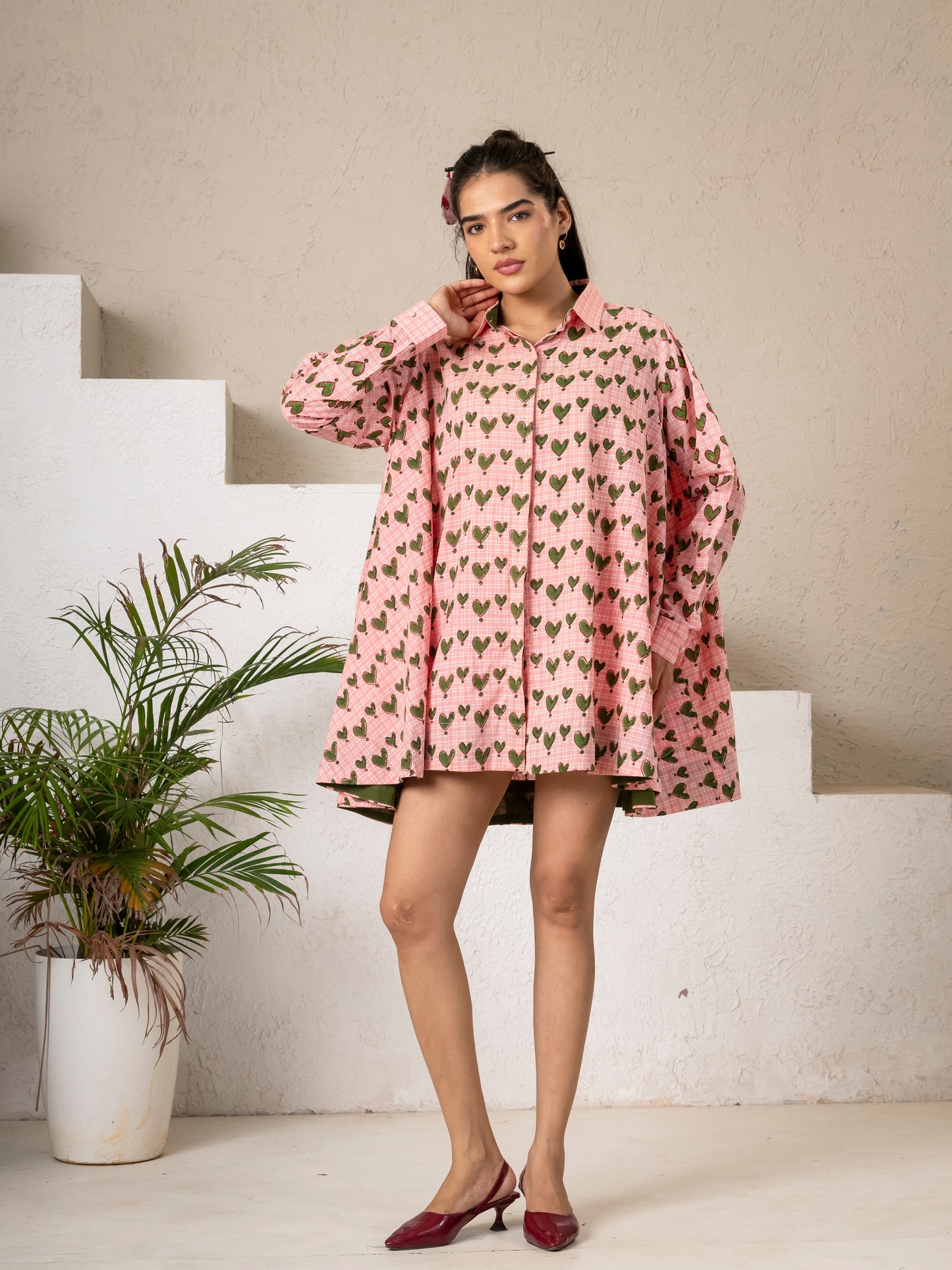Hand Block Printed Green Hearts Flaired Shirt Top/ Dress