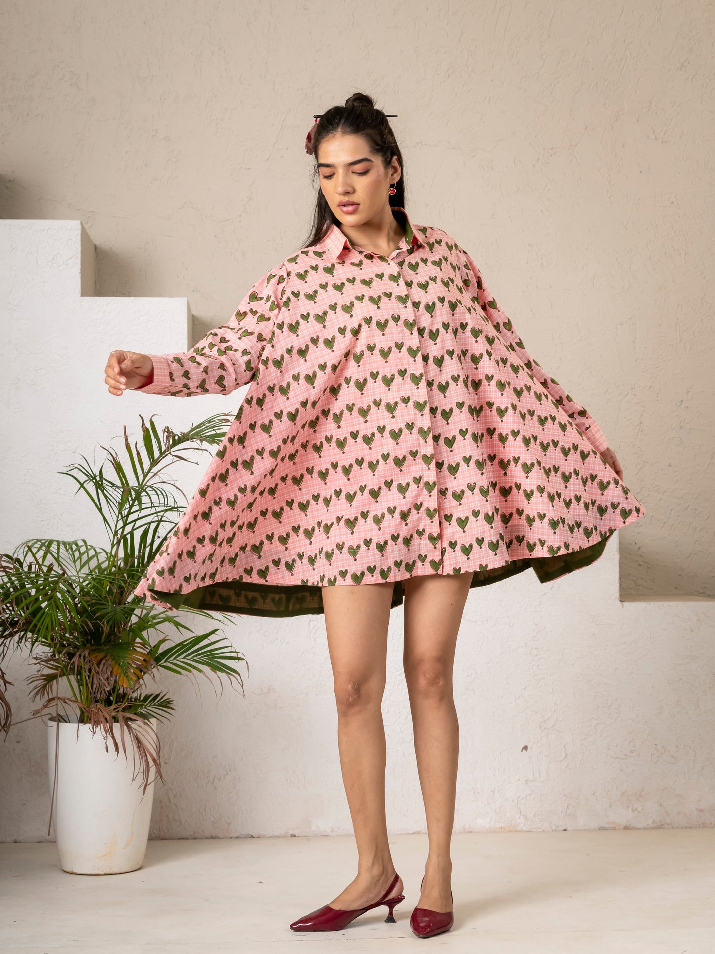 Hand Block Printed Green Hearts Flaired Shirt Top/ Dress