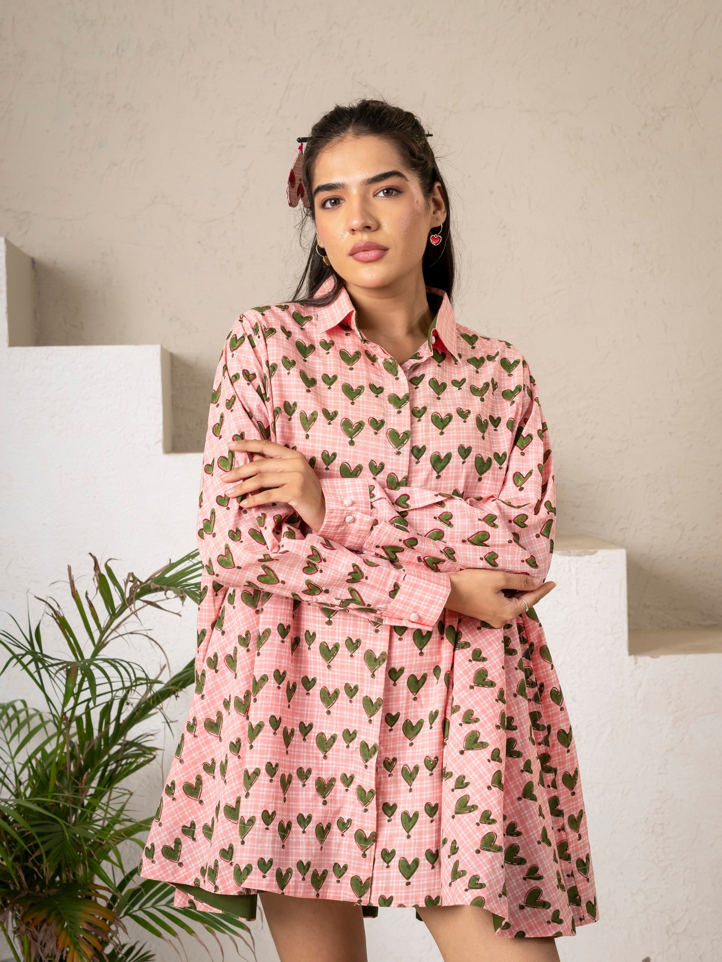 Hand Block Printed Green Hearts Flaired Shirt Top/ Dress
